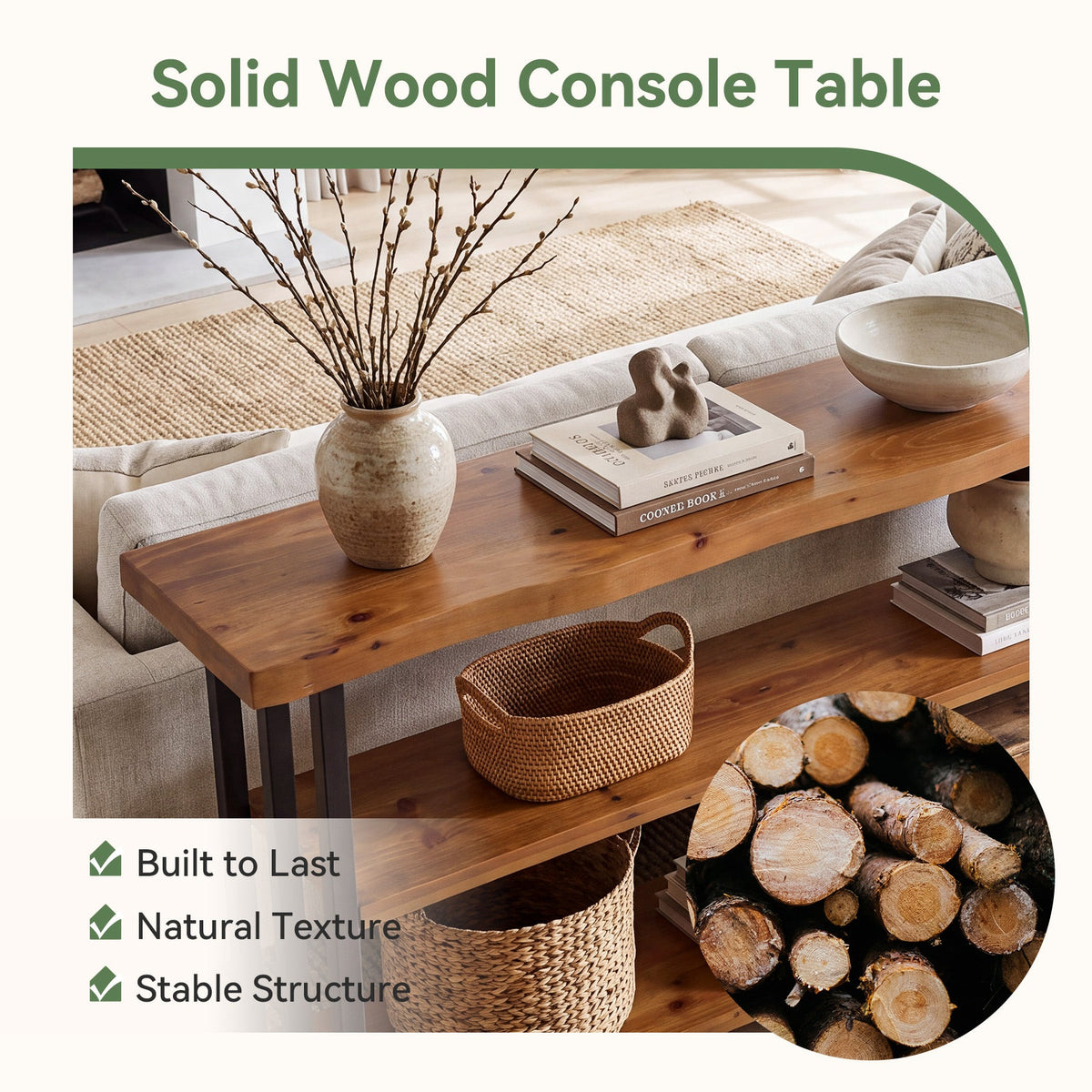63" Live Edge Console Table, Farmhouse Solid Wood 3-Tier Shelves