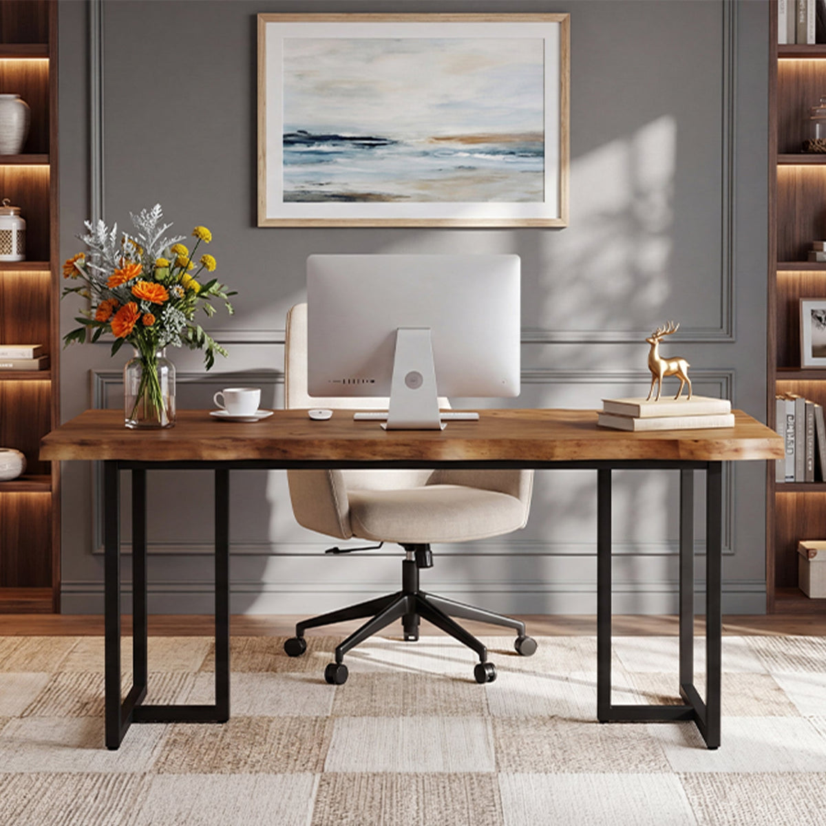 63" Live Edge Executive Desk, Solid Wood Home Office Desk, Heavy-Duty Metal Frame