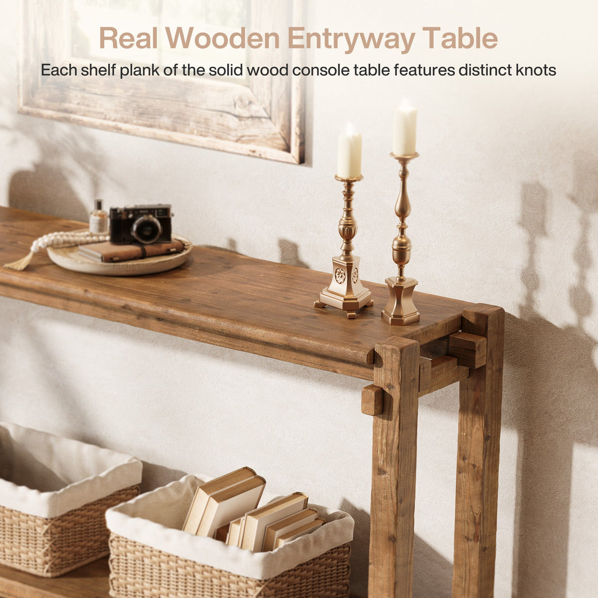 63" Solid Wood Console Table, 2 - Tier Farmhouse Entryway Table with Storage Tribesigns