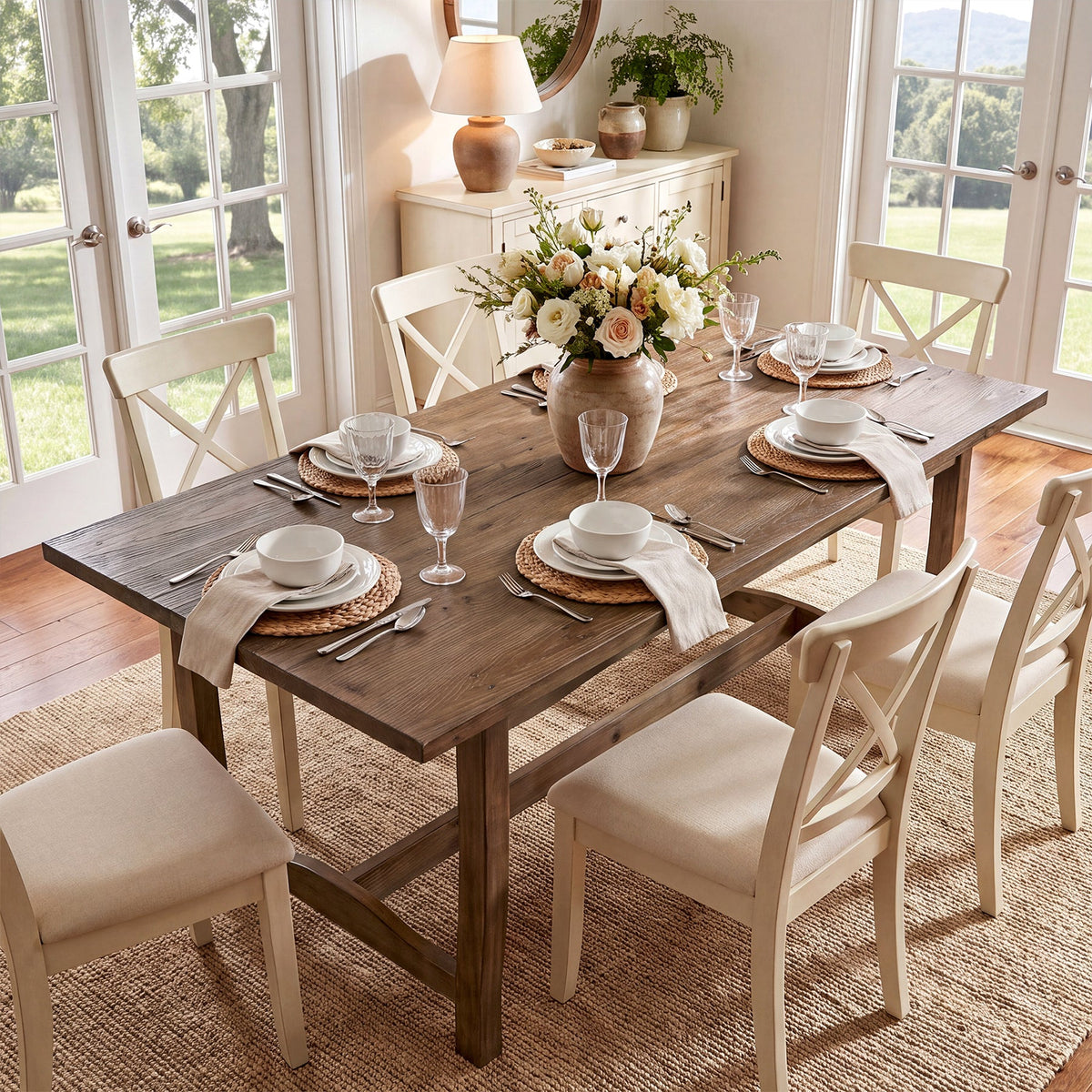 63" Solid Wood Dining Table for 4-6, Rectangle Kitchen Table with Reinforced Trestle Base