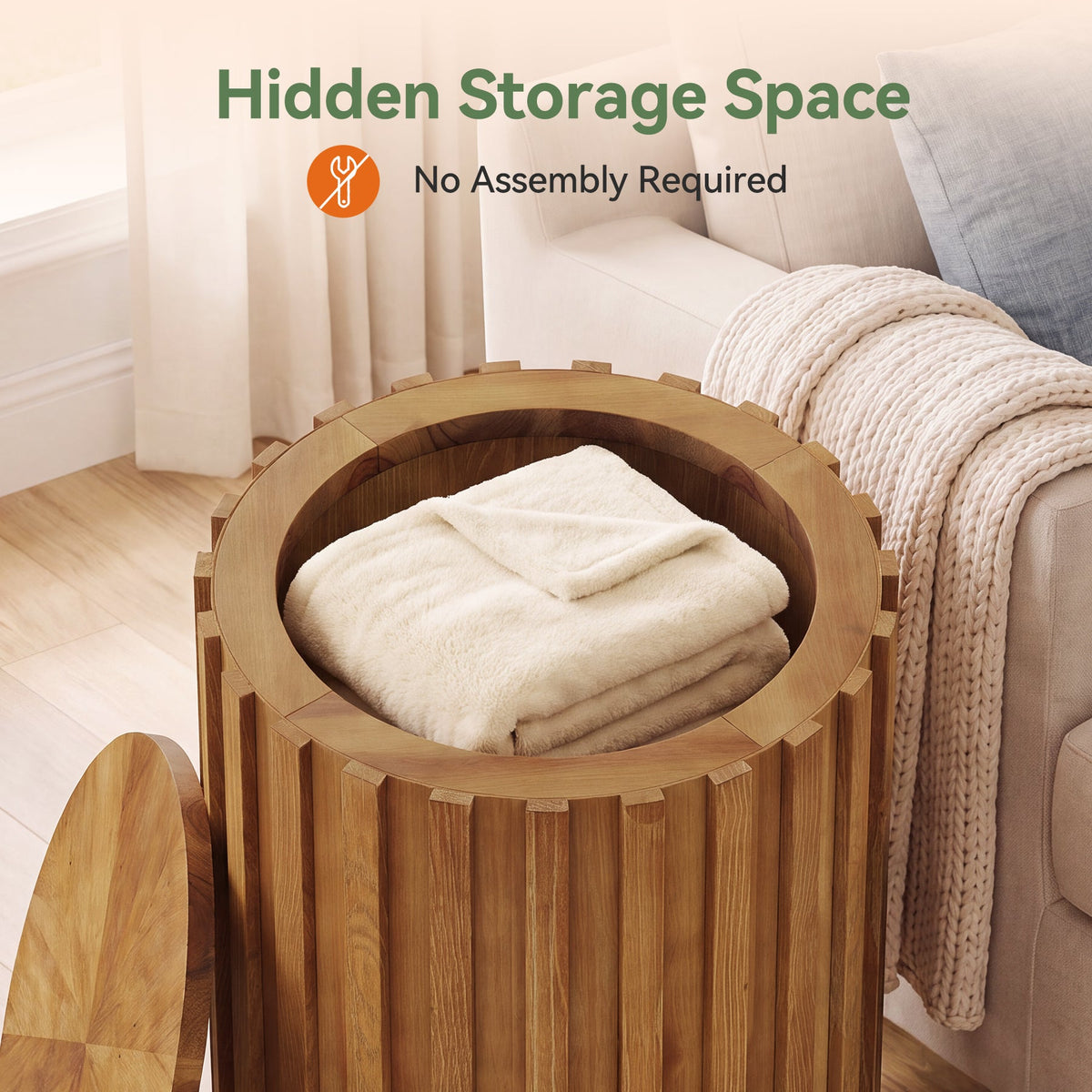 Fluted Round End Table, Solid Wood Cylinder Hidden Storage, No Assembly Nightstand