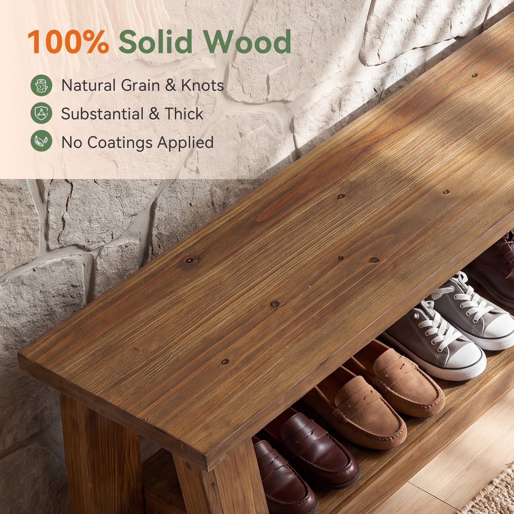 70.87" Solid Wood Dining Bench, Farmhouse Kitchen Bench with 2-tier Shelf for Dining Room