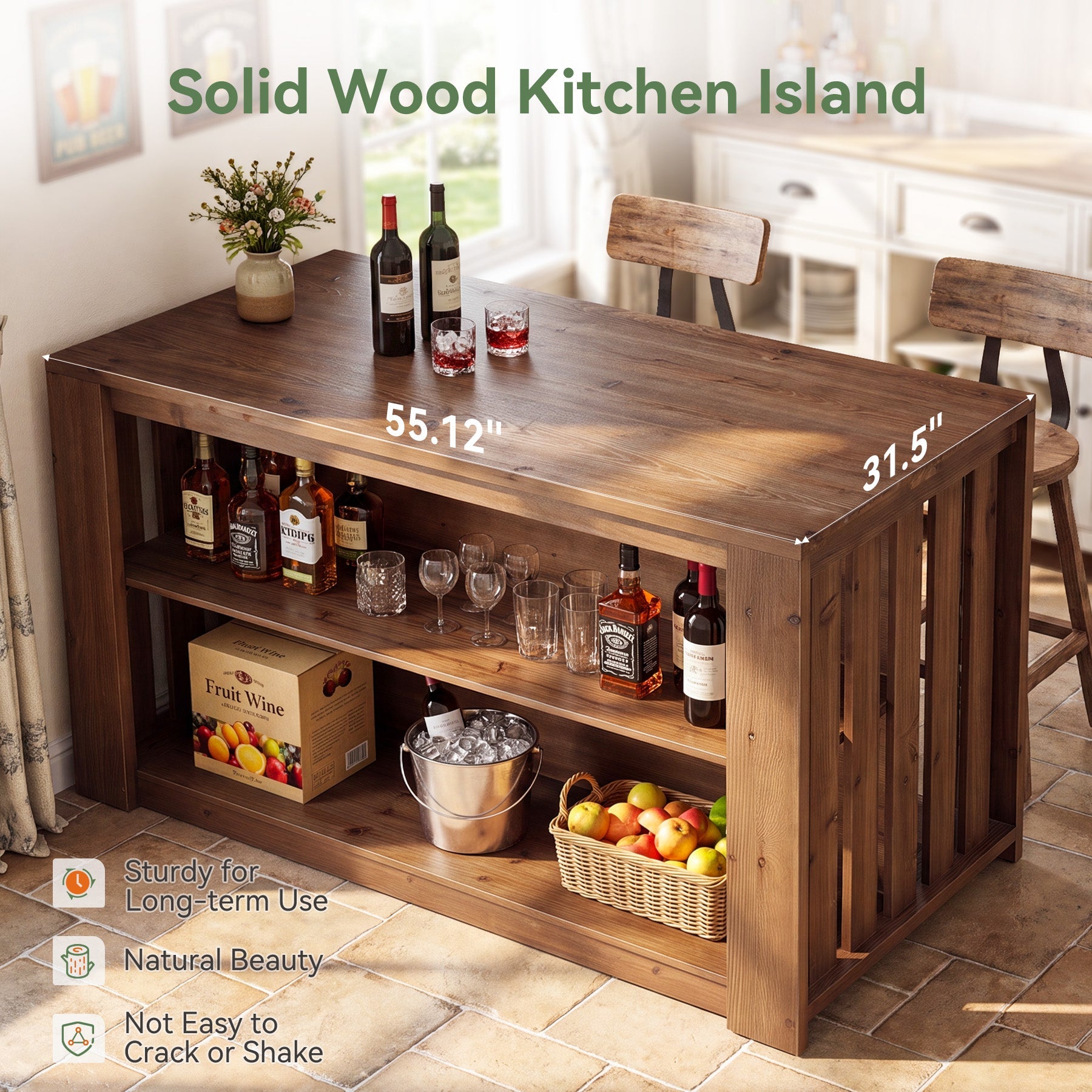 55" Kitchen Island, Solid Wood Stationary Island Table with 2-Tier Storage