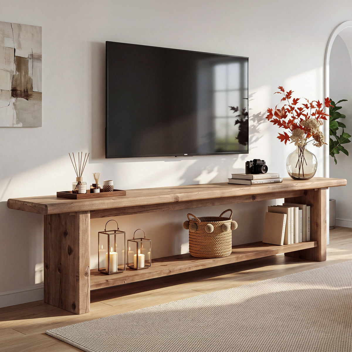 71" Solid Wood TV Stand for 85" TV, 2-Tier Farmhouse Entertainment Center with Storage