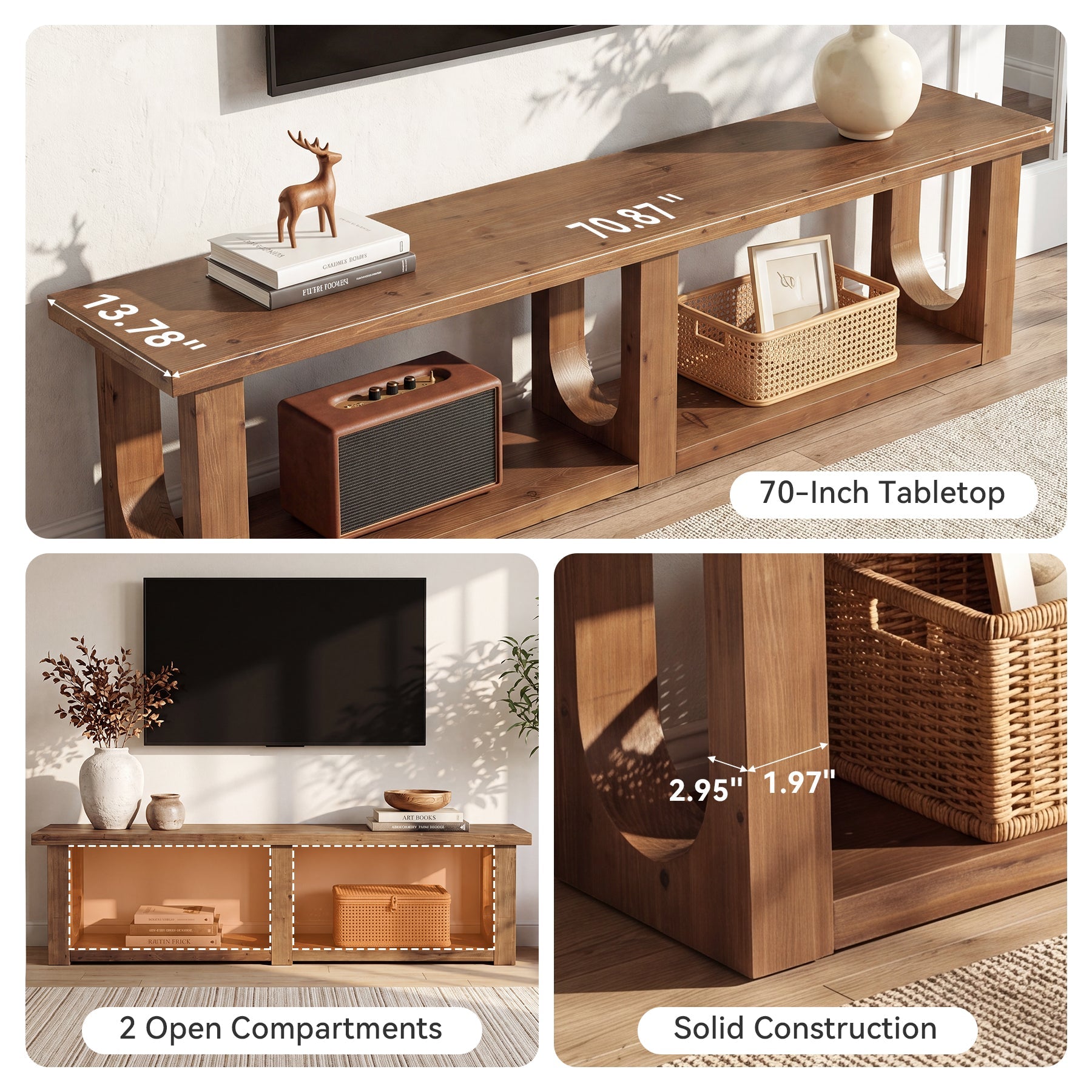 70.9" Solid Wood TV Stand for Up to 80" TVs, 2-Tier Entertainment Center for Living Room