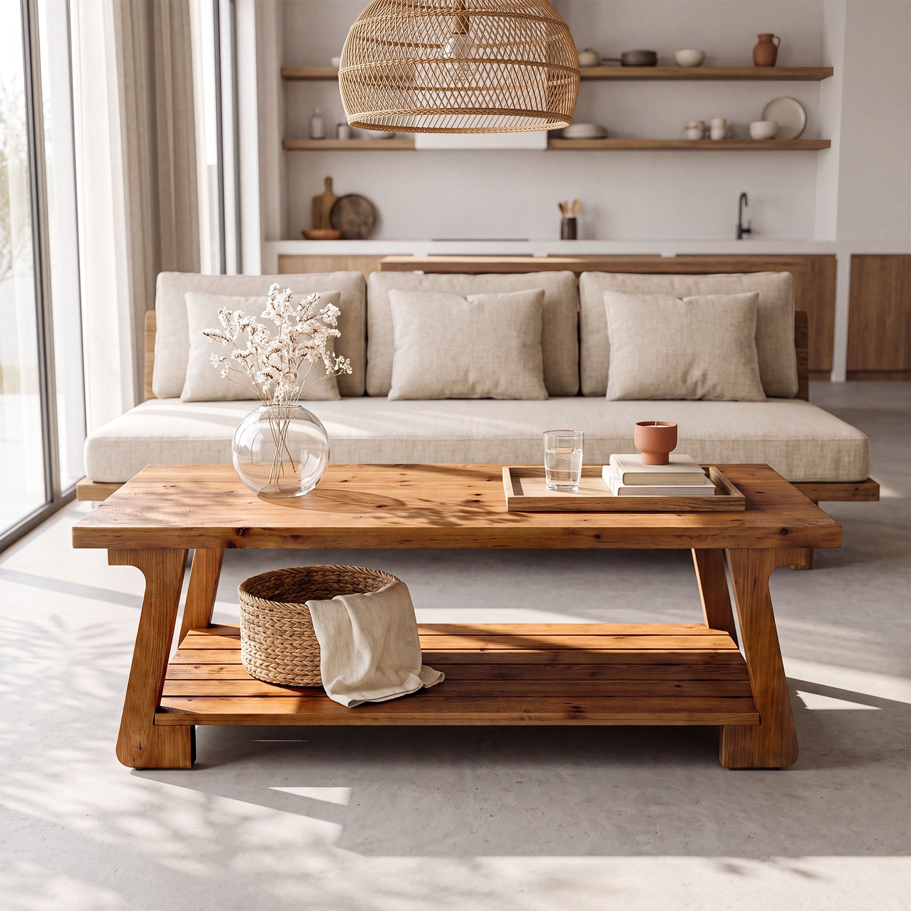 55" Solid Wood Coffee Table, 2-Tier Center Tea Table with Storage Shelf for Living Room