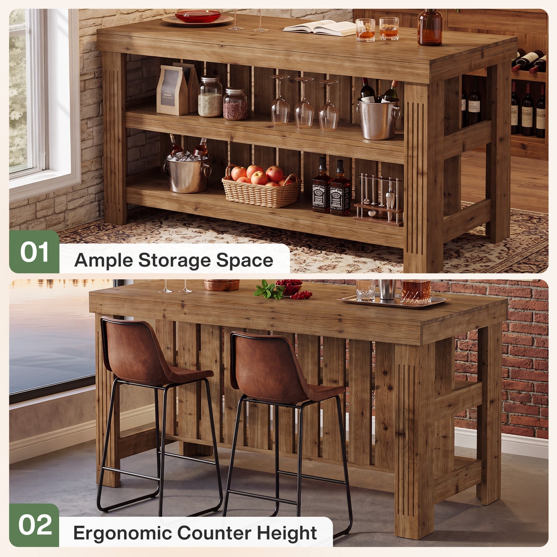 63" Solid Wood Bar Table, 3-Tier High Top Table with Large Rectangle Worktop