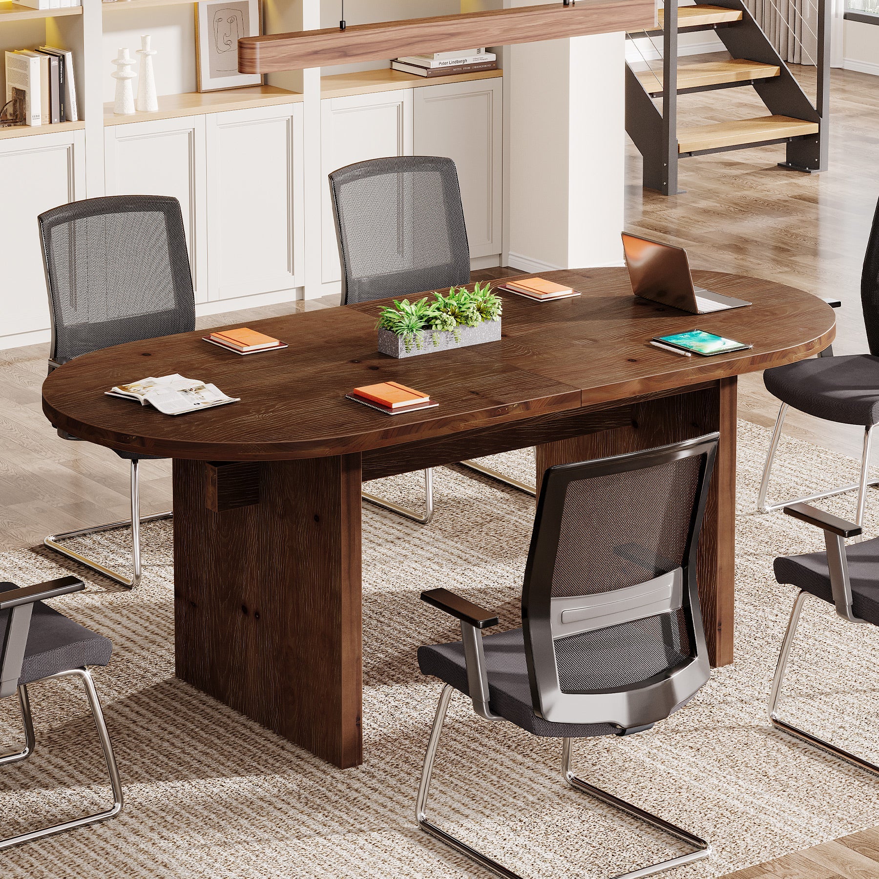 Solid Wood Conference Table, 63" Oval Executive Desks with Wood Base