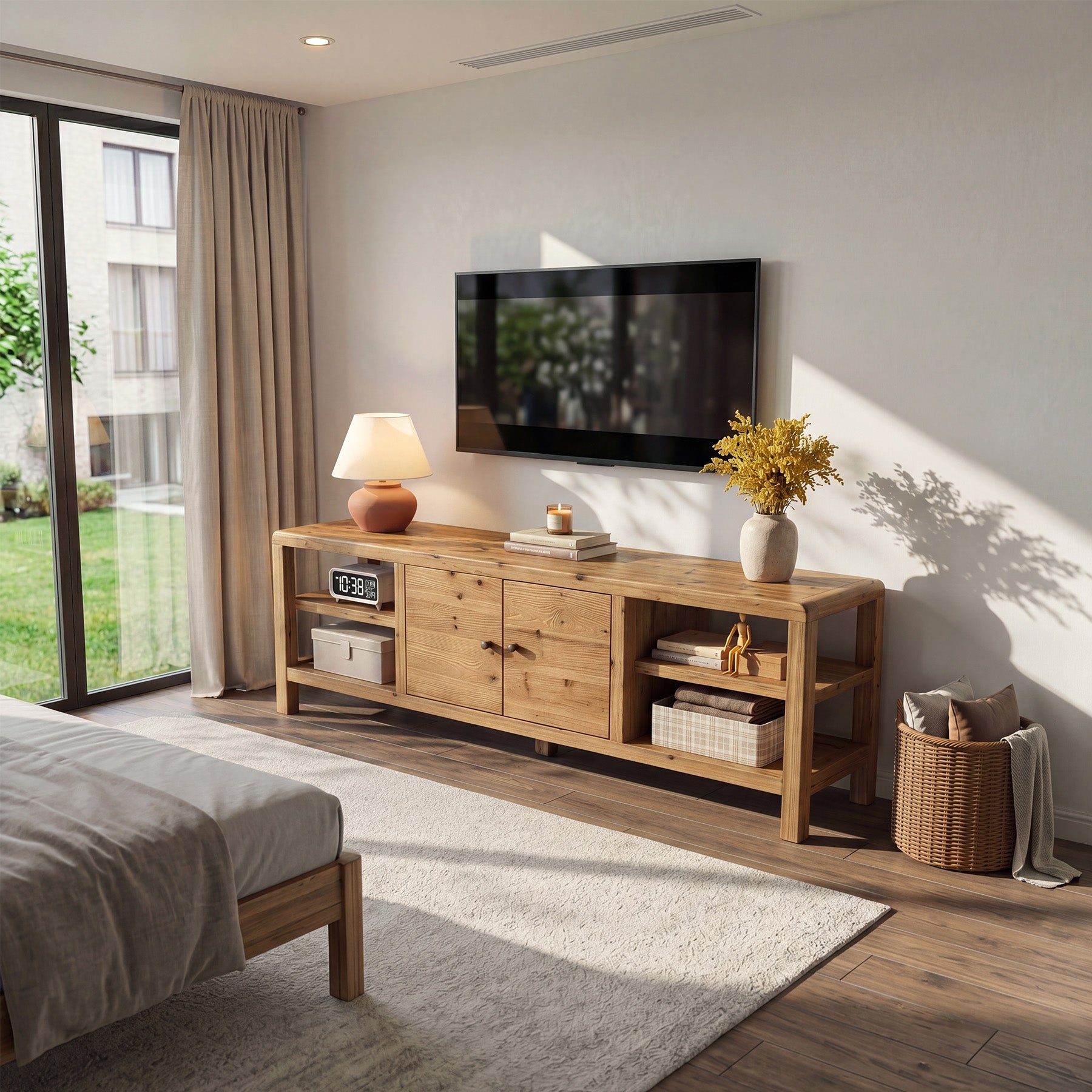 70.9-Inch Solid Wood TV Stand with Door and Storage Shelves, Farmhouse Entertainment Center for TVs up to 80 Inches