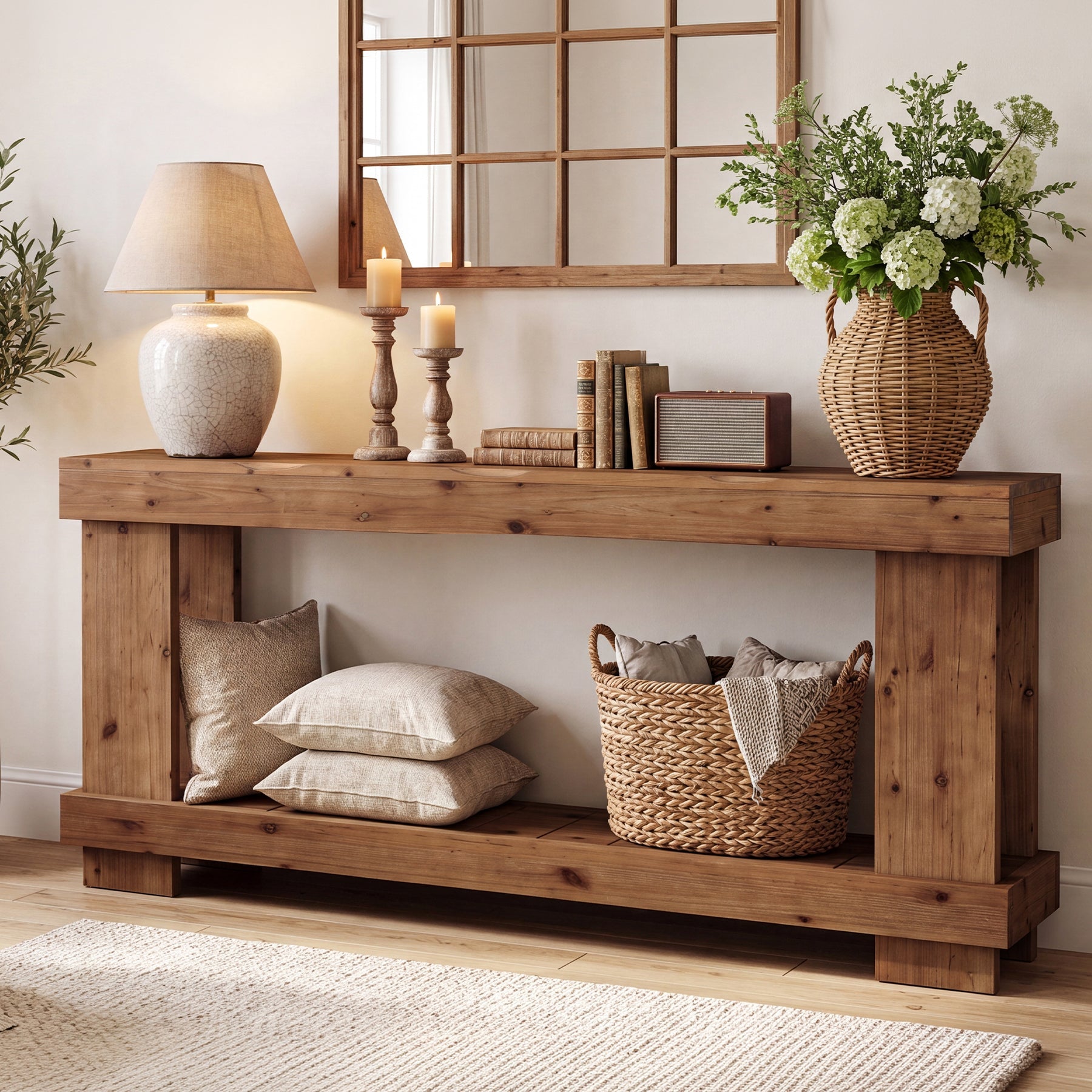 70.87" Solid Wood Console Table, 2-Tier Farmhouse Entryway Table Sofa Table Behind Couch