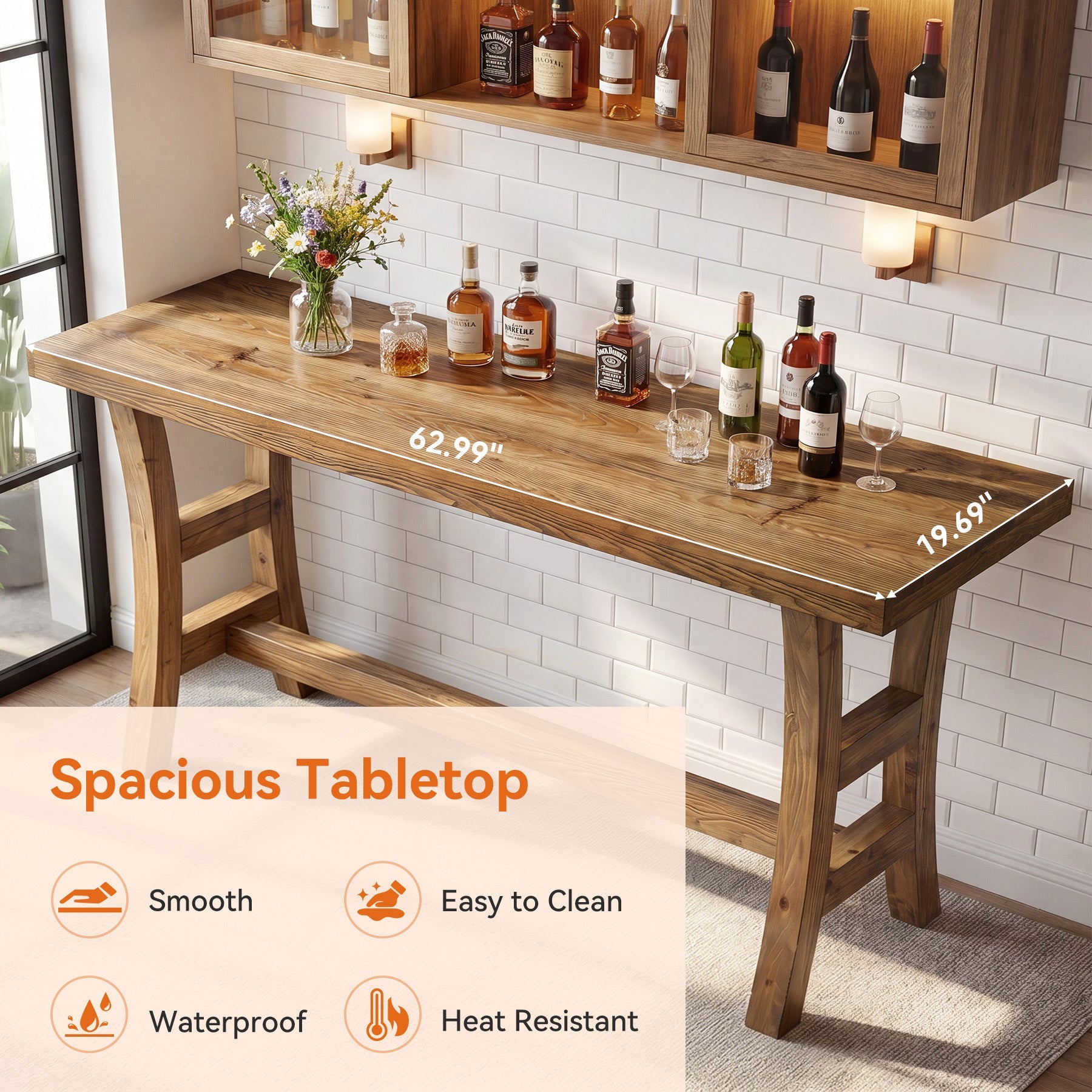 Tribesigns 63-Inch Bar Table, Solid Wood Counter Height Pub Table for Kitchen Dining Bistro (Without Chair)