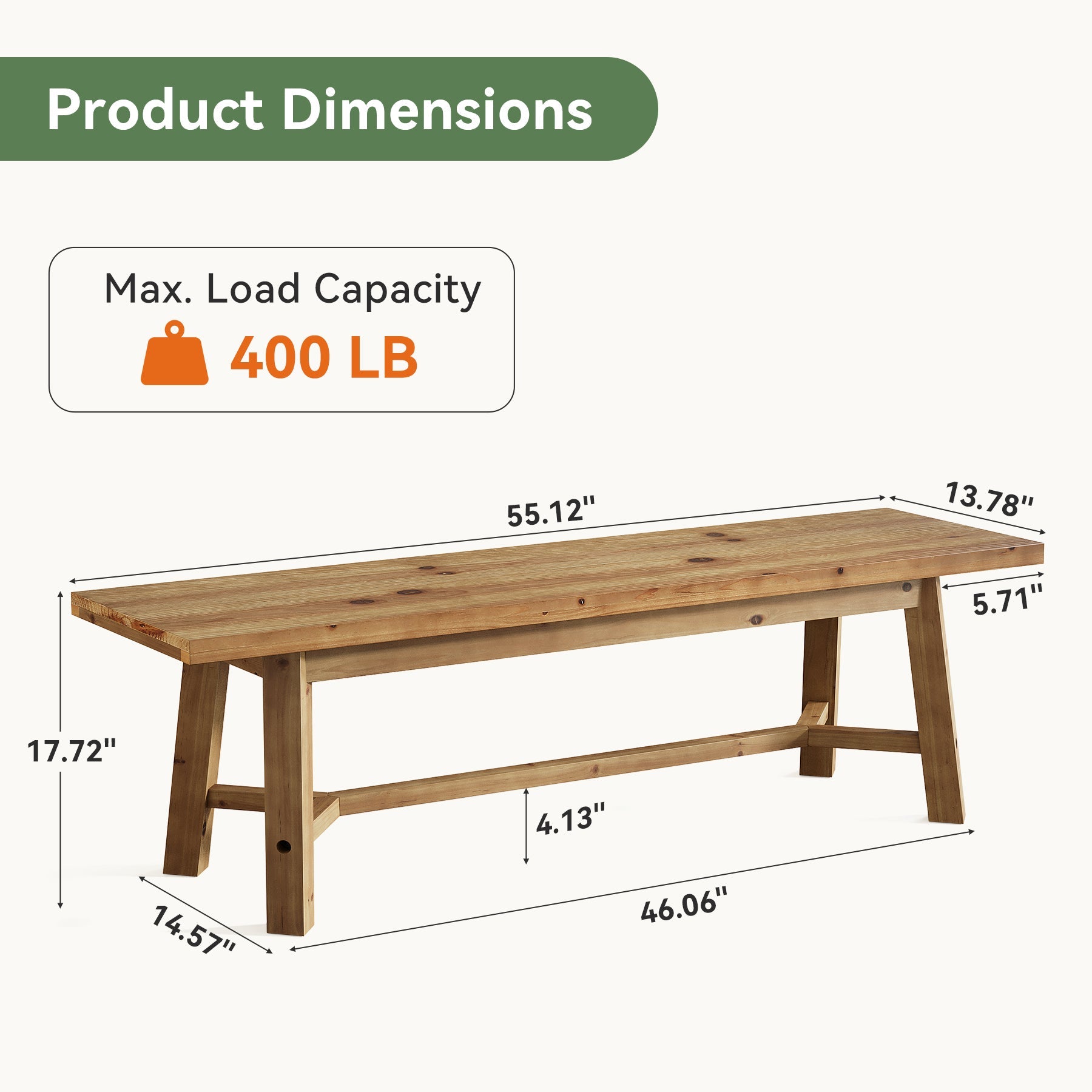 Solid Wood Dining Bench, 55.12" Kitchen Bench with Strengthened Legs