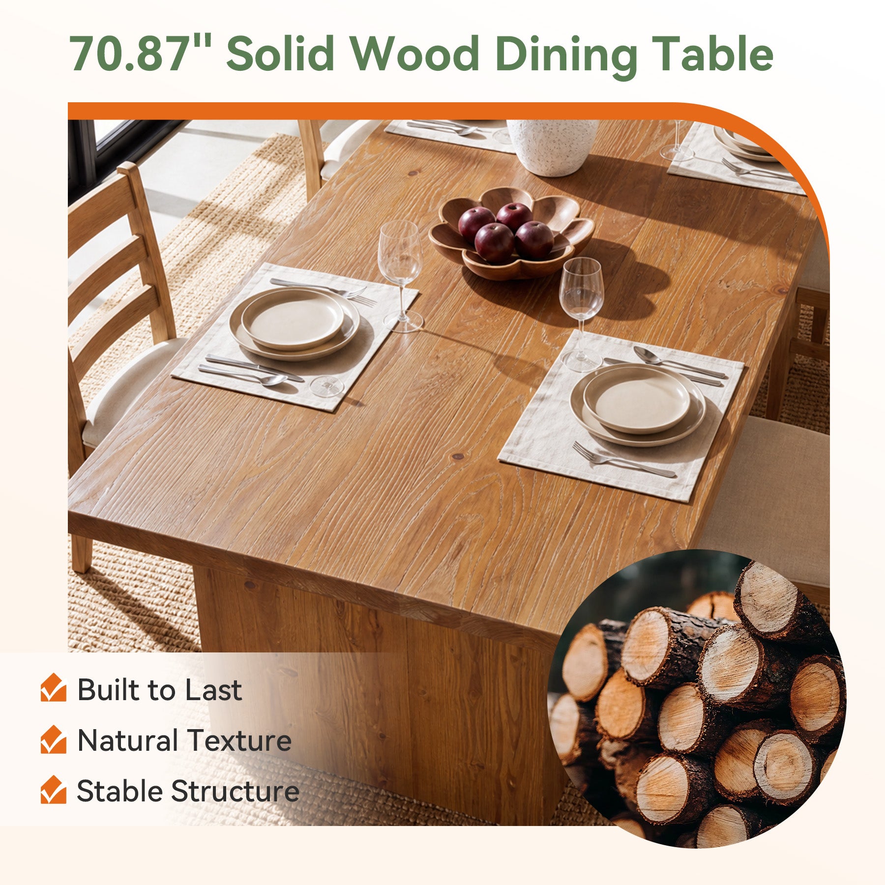 70.9" Solid Wood Dining Table for 4-6, Rectangle Dinner Table for Dining Room