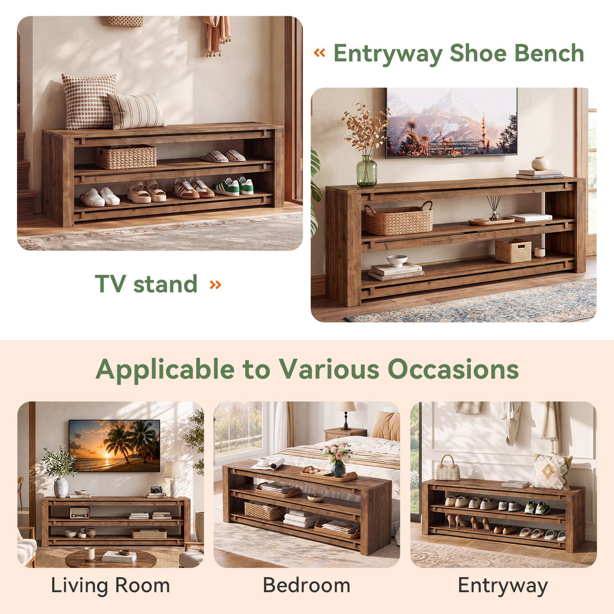 63" Solid Wood Entryway Bench with Storage, 3-Tier Shoe Bench for Hallway, Bedroom