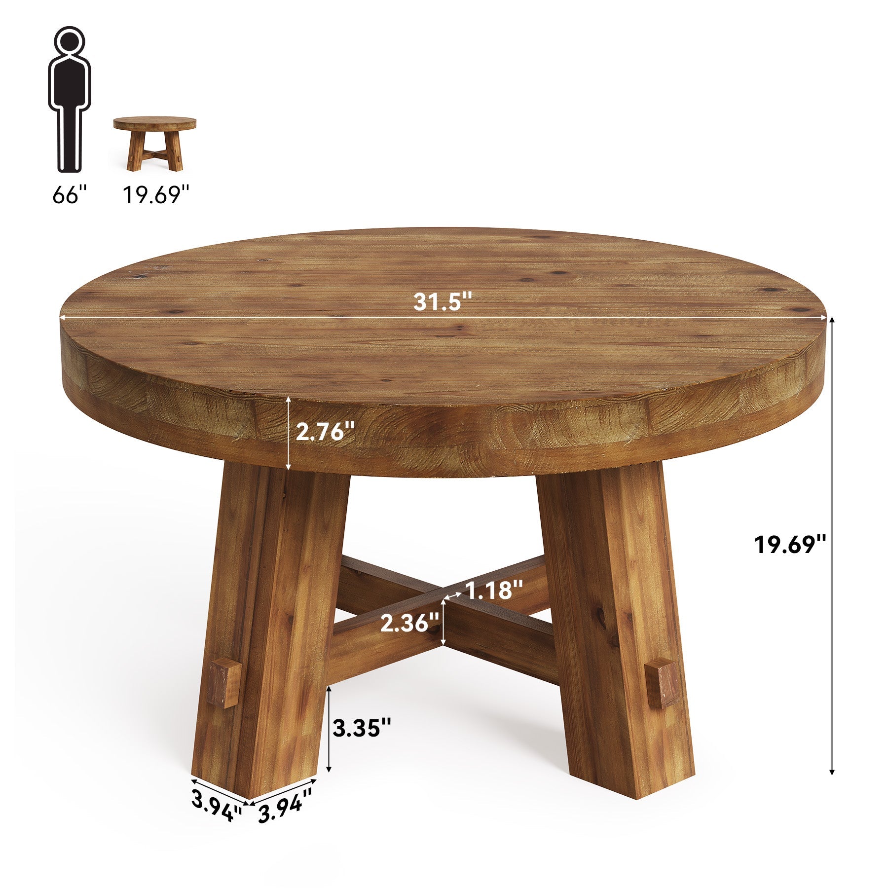 Solid Wood Coffee Table, 31.5" Round Center Table with Thickened Tabletop
