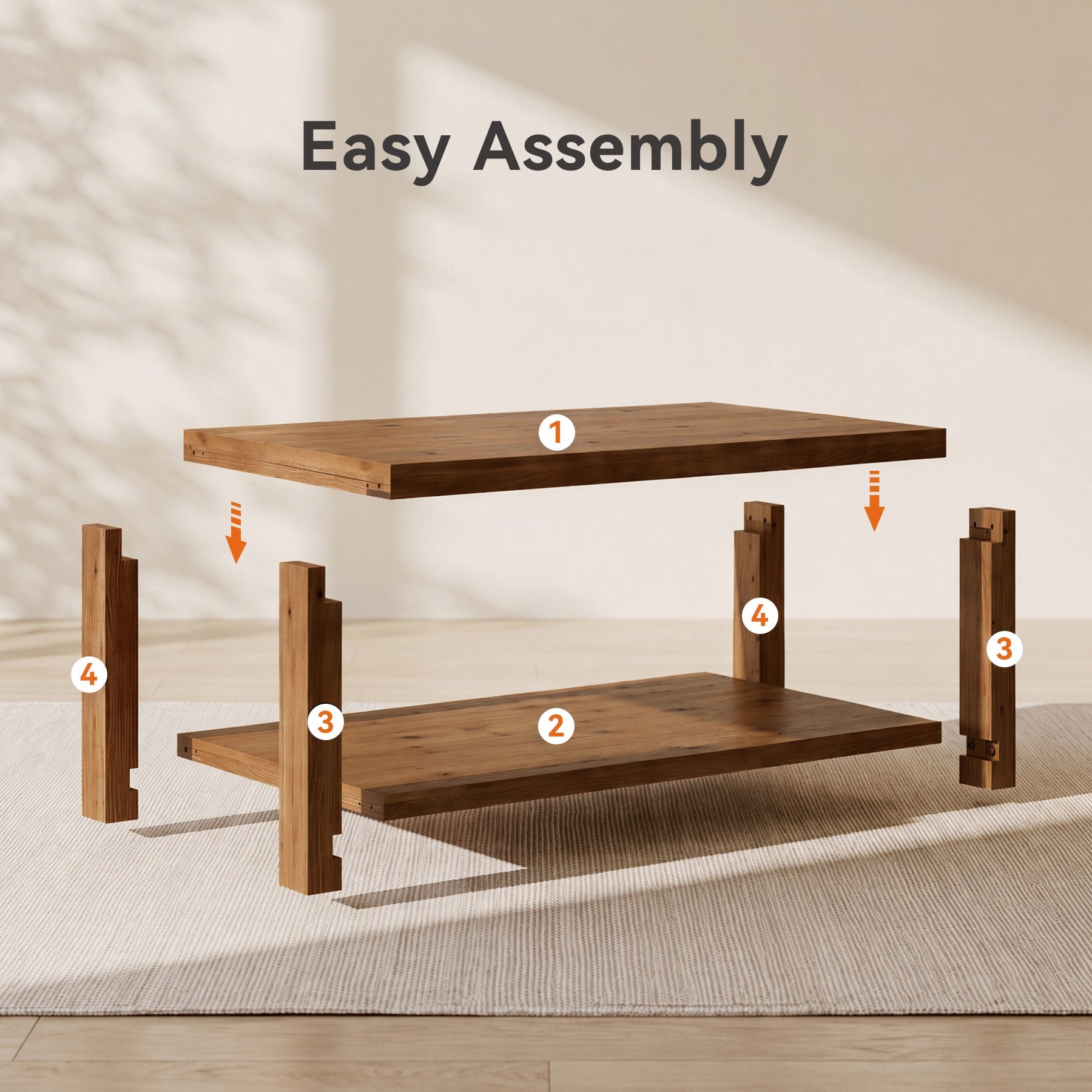 47" Farmhouse Solid Wood Coffee Table, Rectangular Cocktail Table with 2-Tier Open Shelf