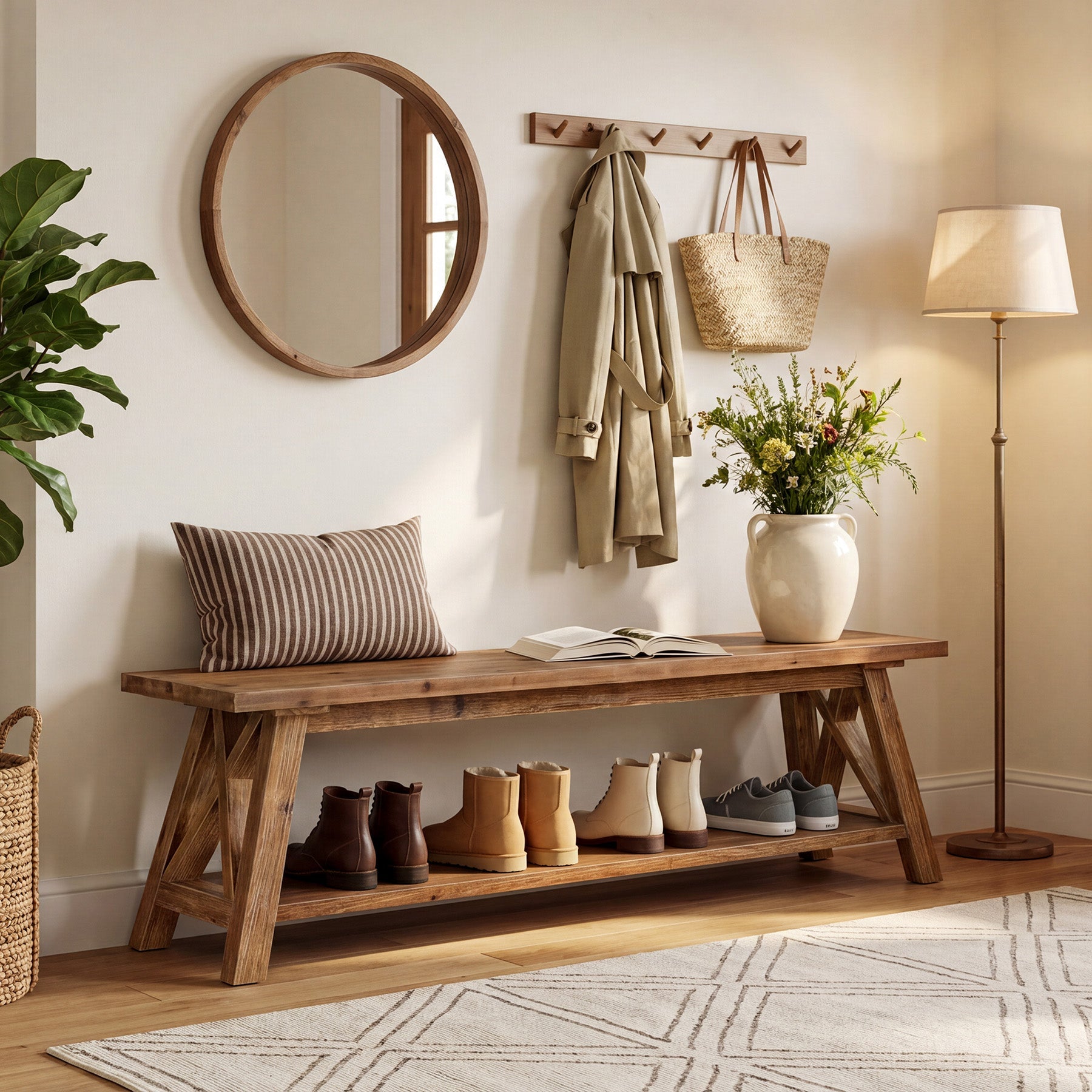 55" Solid Wood Entryway Bench, Farmhouse Shoe Seating with Storage