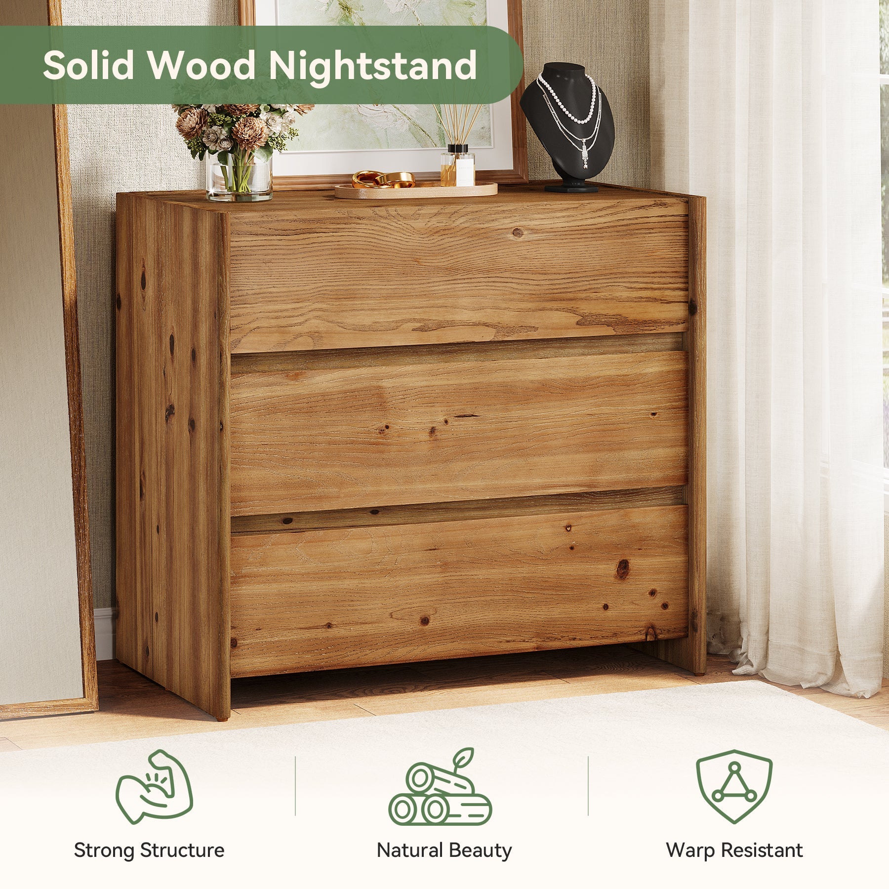 Oversized Solid Wood Nightstand, 31.5" Wide Bedside Table with 3 Drawers