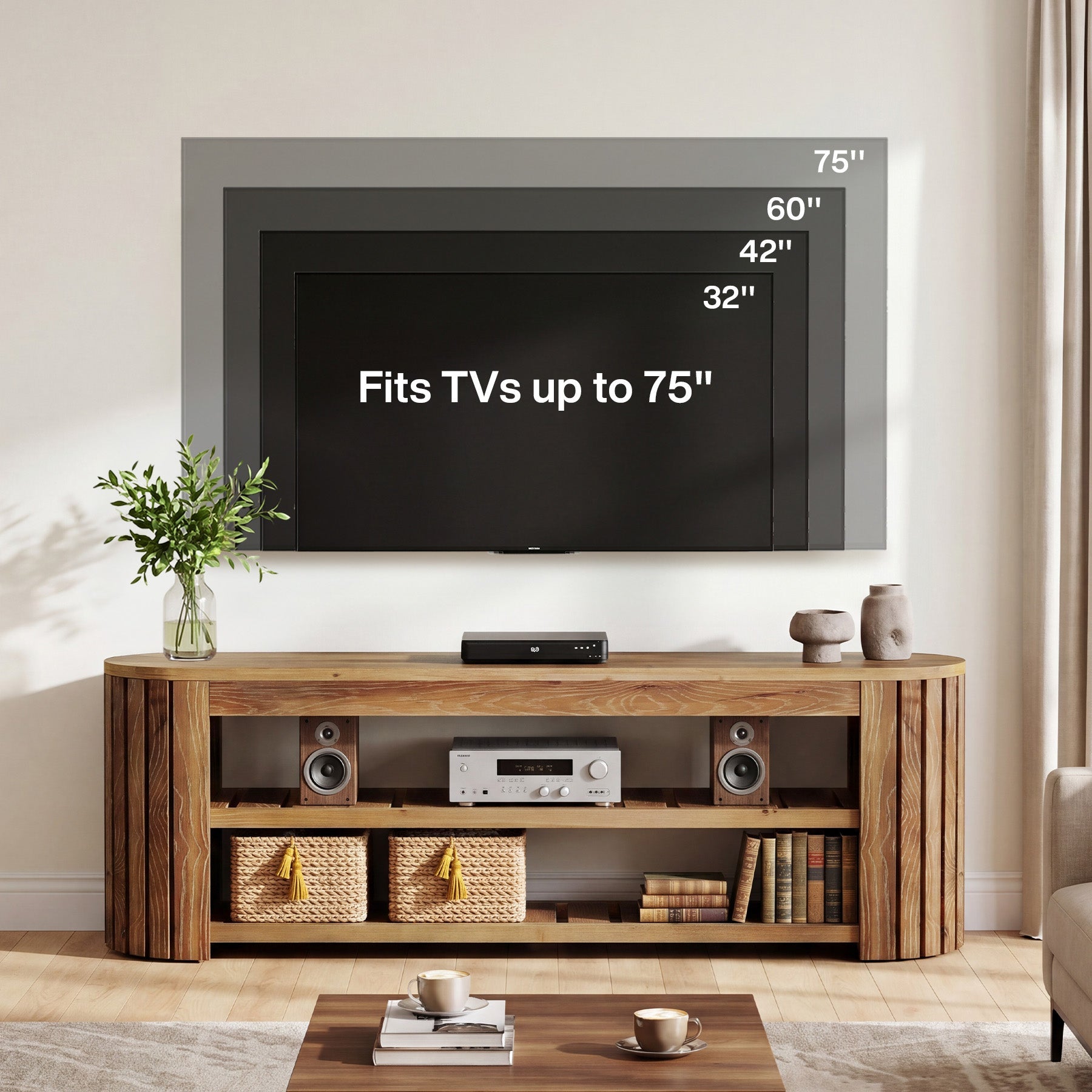 63" Solid Wood TV Stand, Entertainment Center with 2-Tier Shelves for 55/60/65/70-Inch TVs