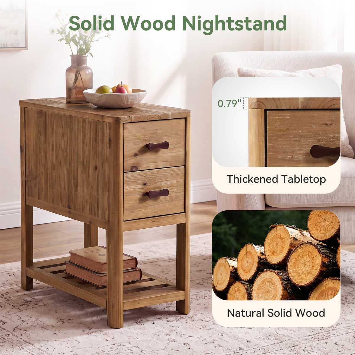 Farmhouse Narrow Nightstand with 2 Drawers, Solid Wood Skinny Bedside Table, Bedroom