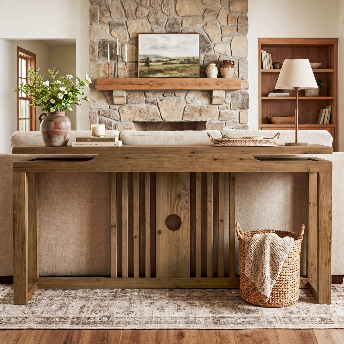 63" Solid Wood Console Table for Entryway, Farmhouse Sofa Table with Slatted Hollow Layered Design