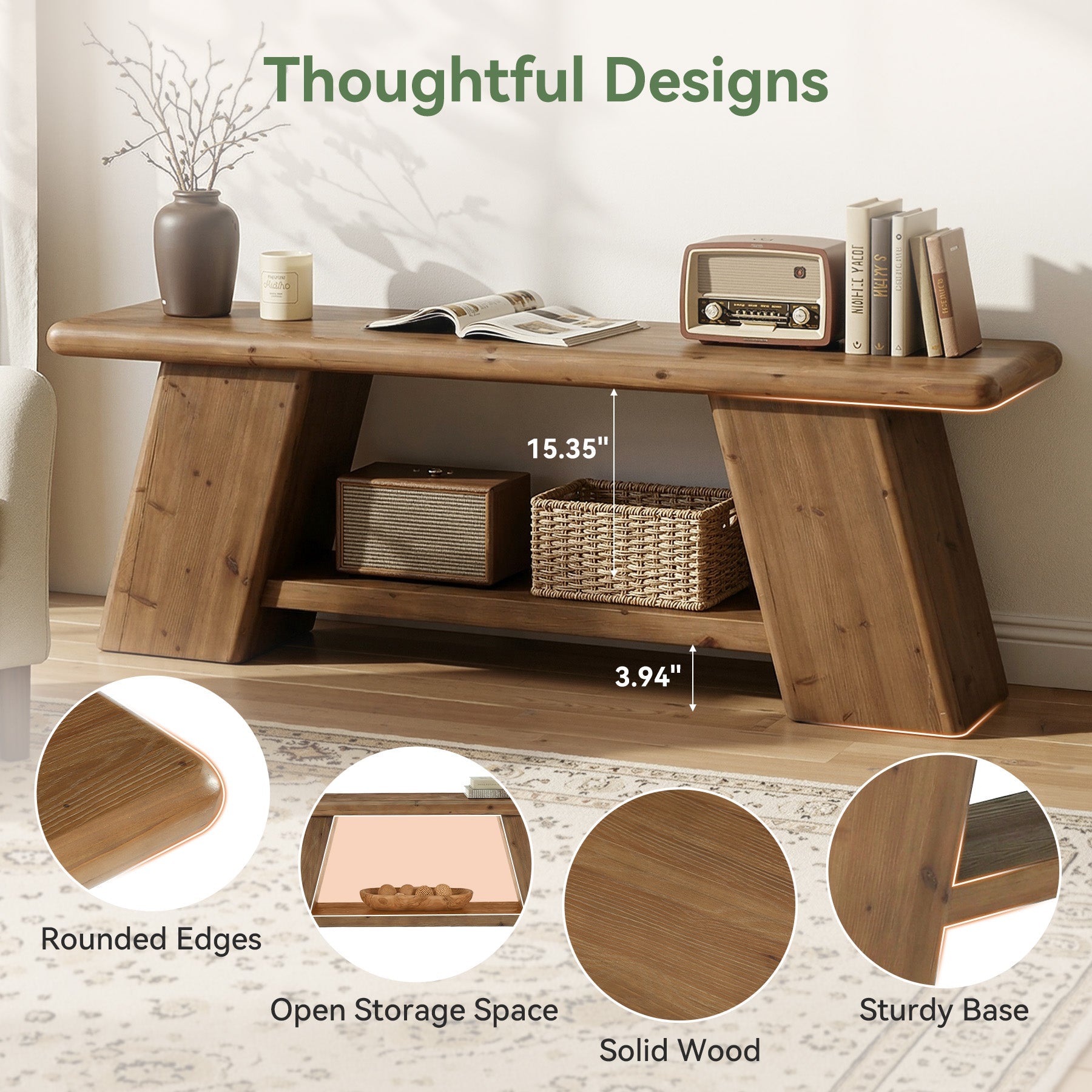 63" Solid Wood TV Stand for 50-65" TVs, Farmhouse Media Console with 2-Tier Open Storage