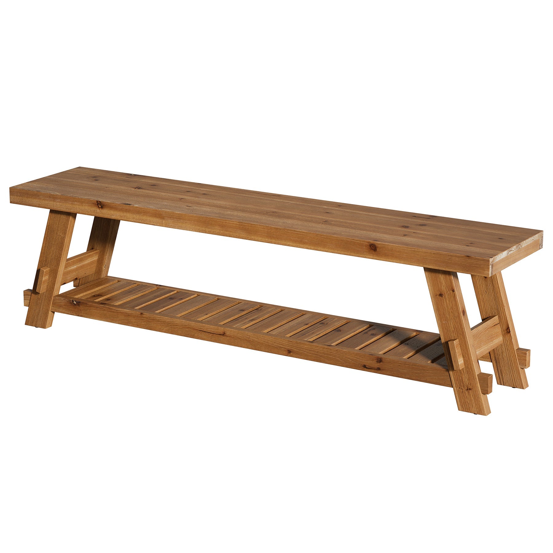 63" Solid Wood Shoe Bench, 2-Tier Entryway Bench with Storage Shelf