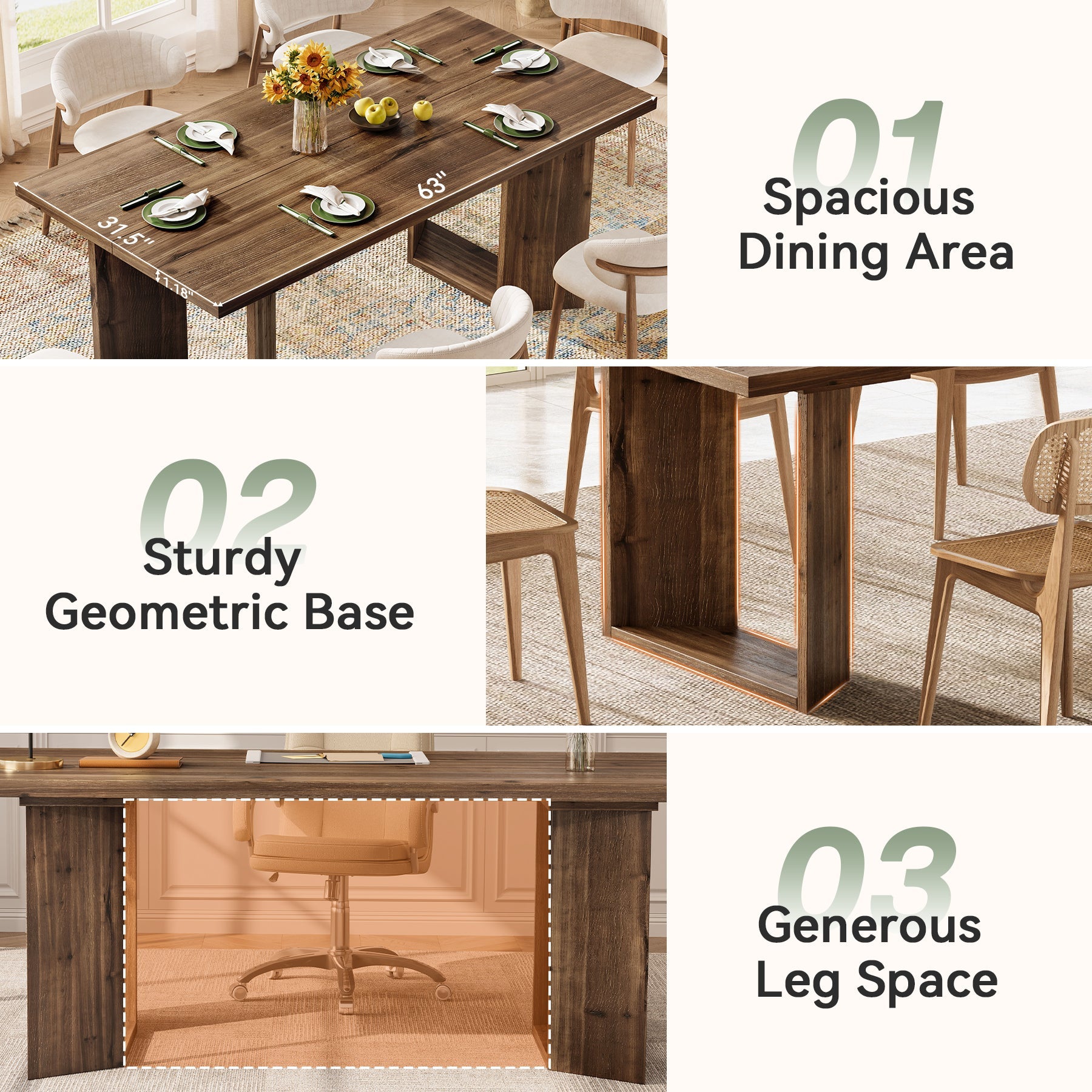 63" Solid Wood Dining Table, Rectangle Kitchen Table with U-Shaped Frames for 4-6