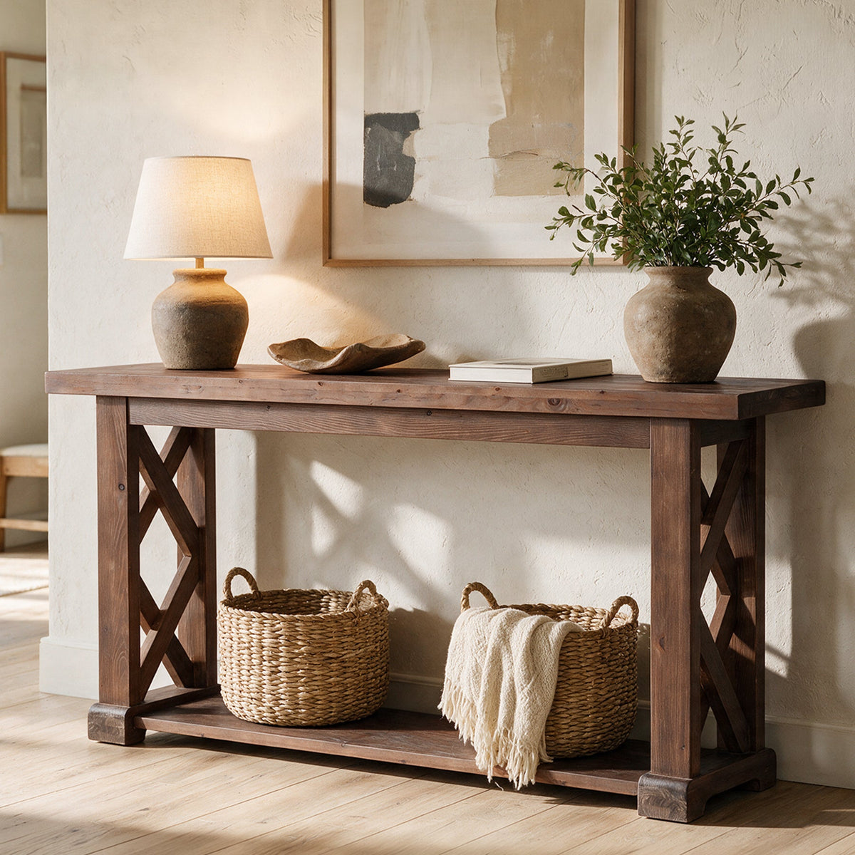 63" Console Table, Farmhouse Solid Wood, 2-Tier X-Shaped Frame, Narrow Sofa Table