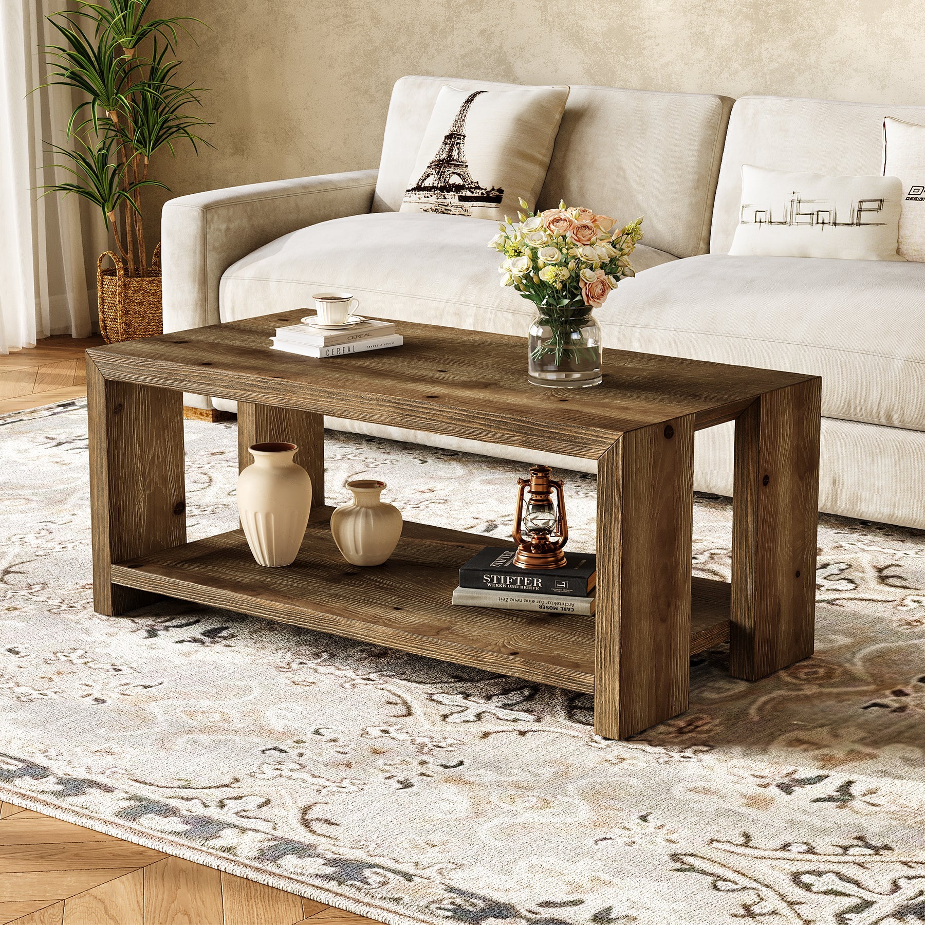 Solid Wood Coffee Table, 47.24" Accent Center Tea Table with Storage