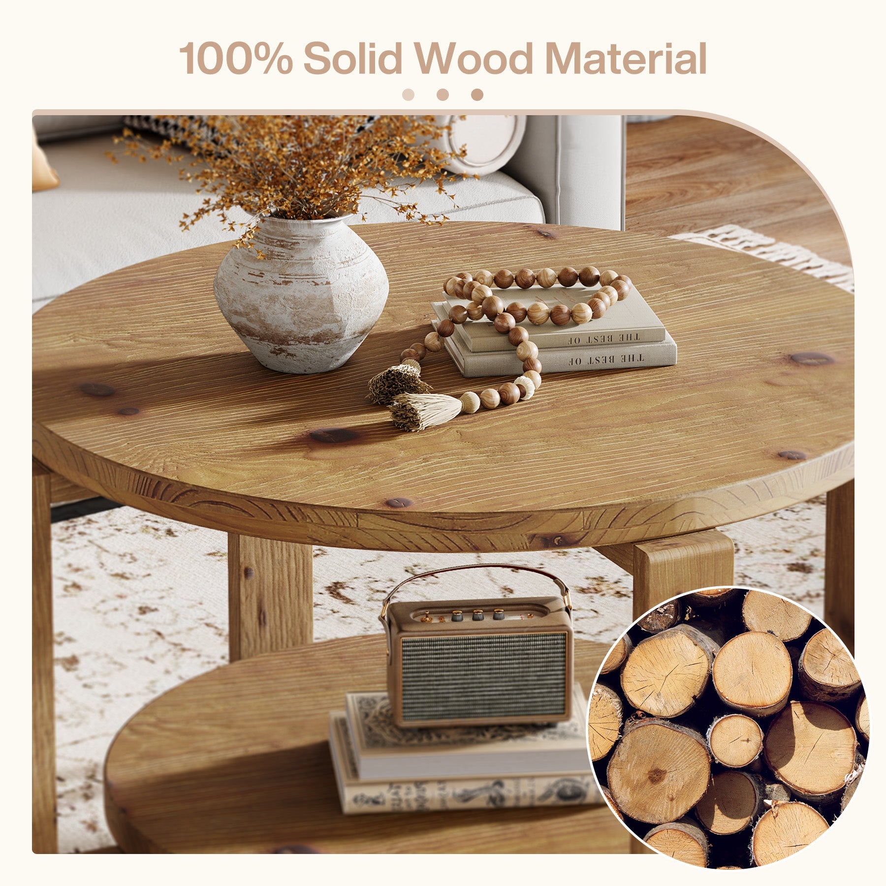 30" Solid Wood Coffee Table, Round Small Center Table with 2-Tier Storage