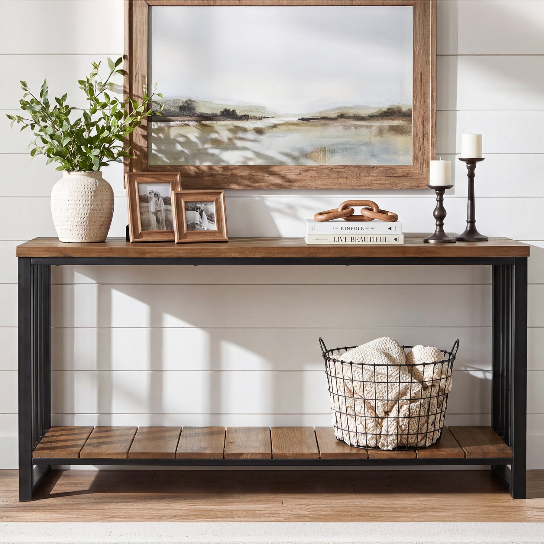55" Solid Wood Console Table, 2-Tier Entryway Sofa Table with Metal Frame for Hallway & Living Room