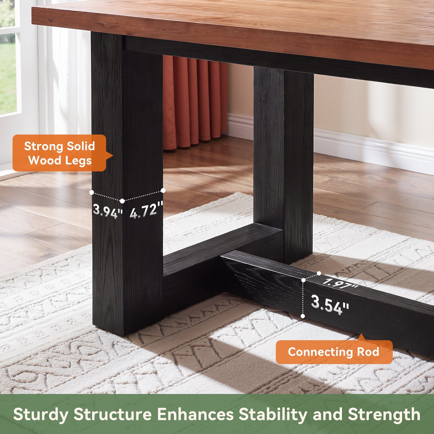 63" Rectangle Dining Table, Solid Wood Kitchen Table with Heavy-Duty Legs for 6 People