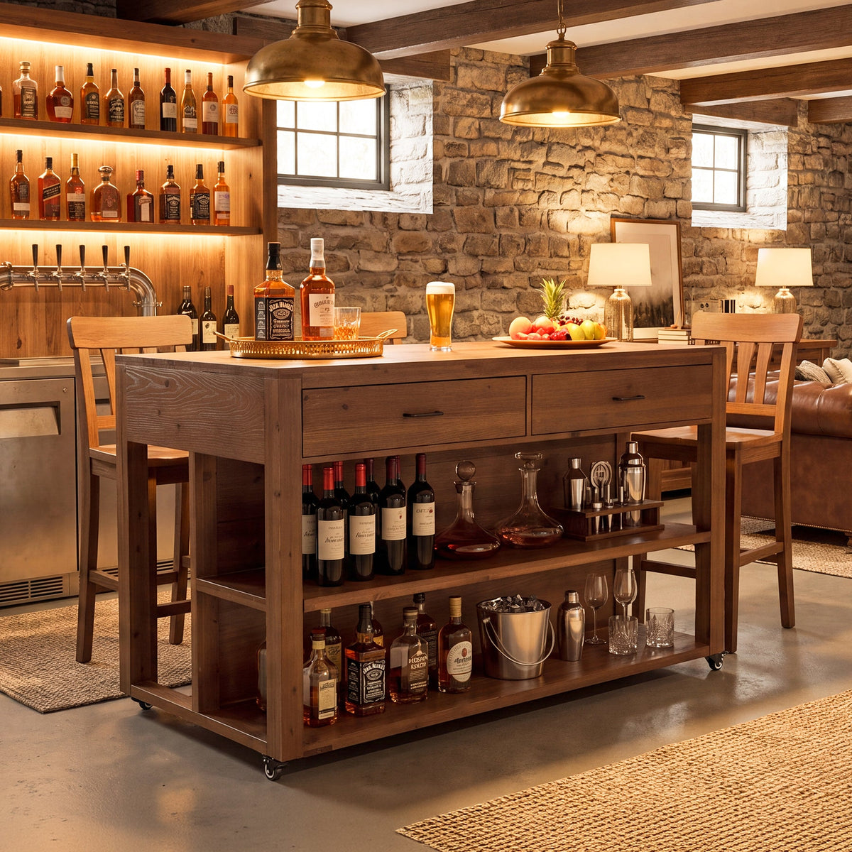 Rolling Bar Table, Solid Wood with 4 Drawers, 2-Tier Open Shelves & 4 Wheels