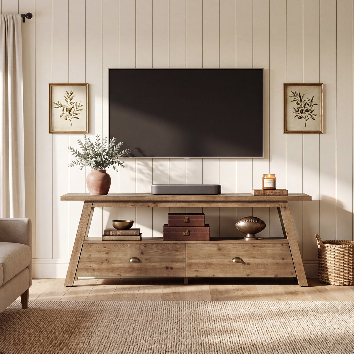 63" TV Stand for TVs Up to 70", Solid Wood 2-Tier Media Console with Drawers