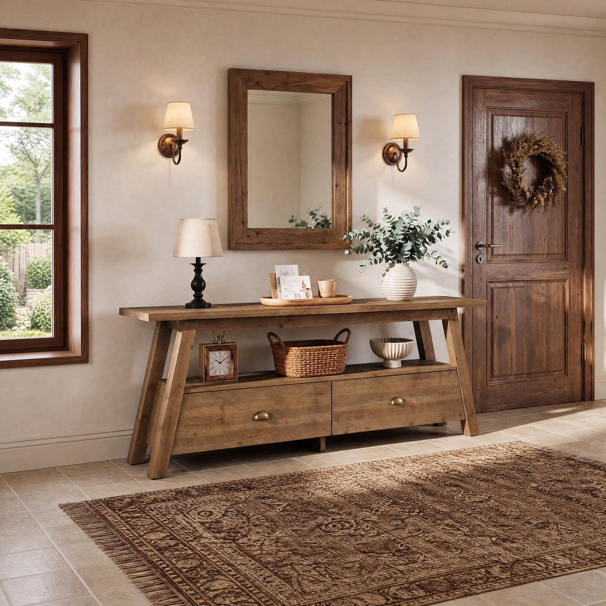 63" Console Table with Drawers, Farmhouse Solid Wood, 2-Tier A-Frame Entryway Table