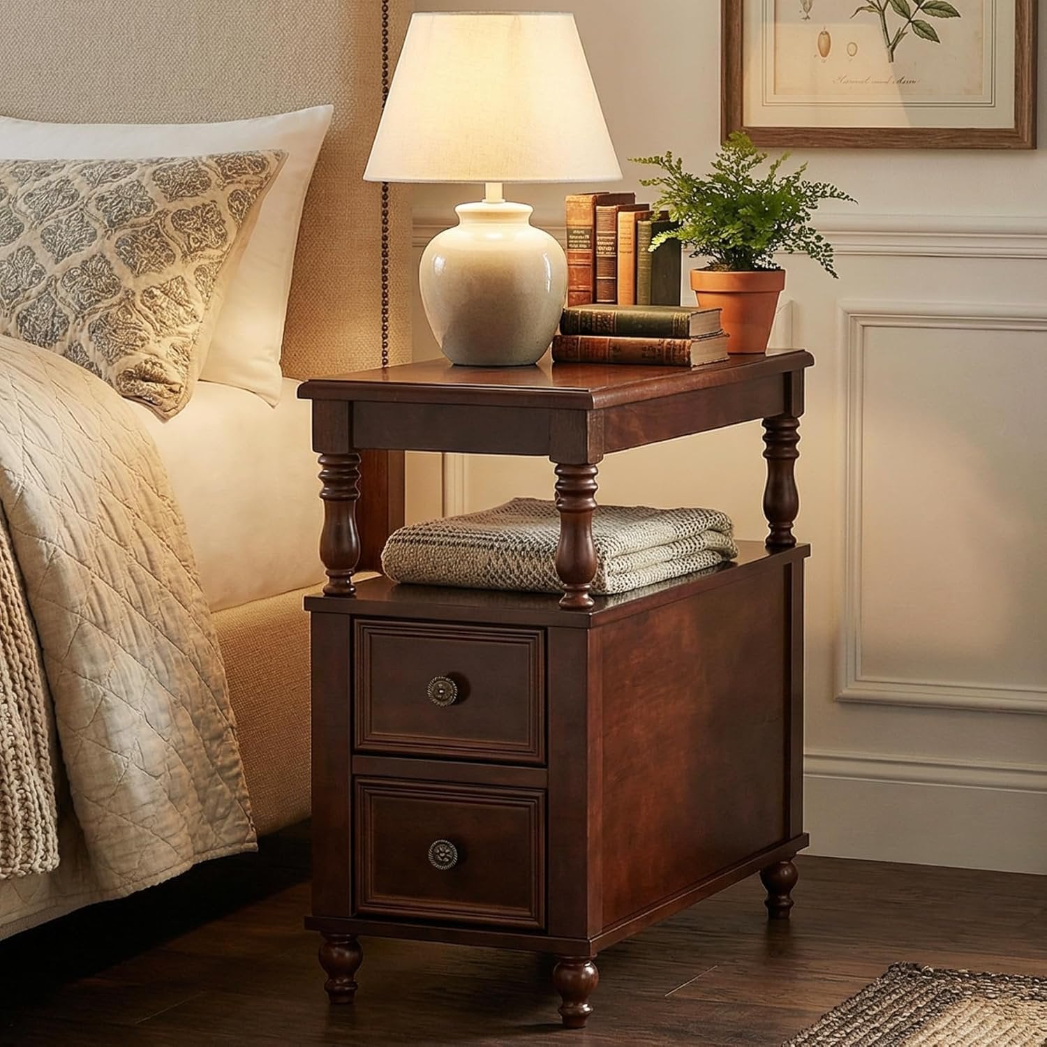 Solid Wood Nightstand with 2 Drawers, Bedside Table with Open Shelf