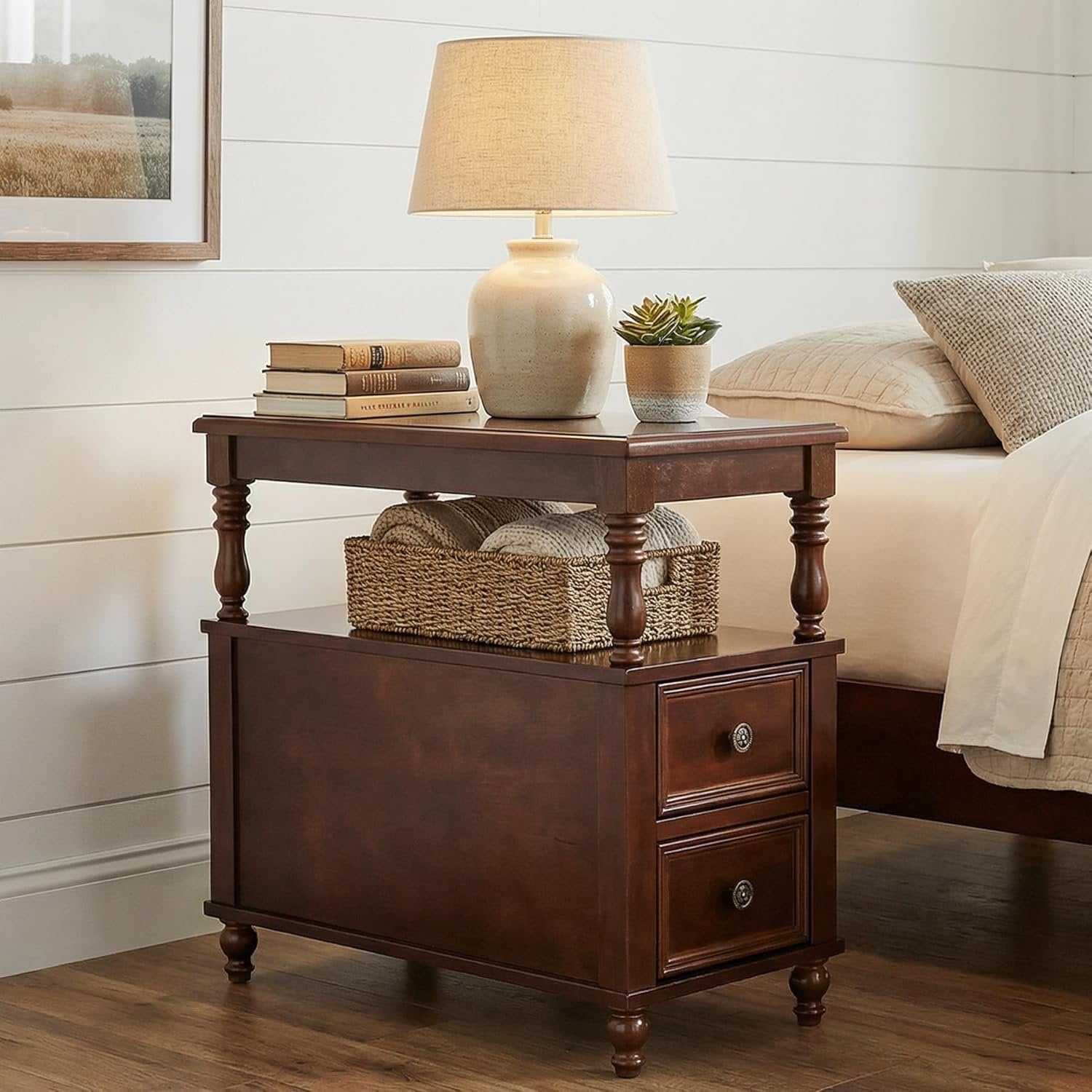 Solid Wood Nightstand with 2 Drawers, Bedside Table with Open Shelf