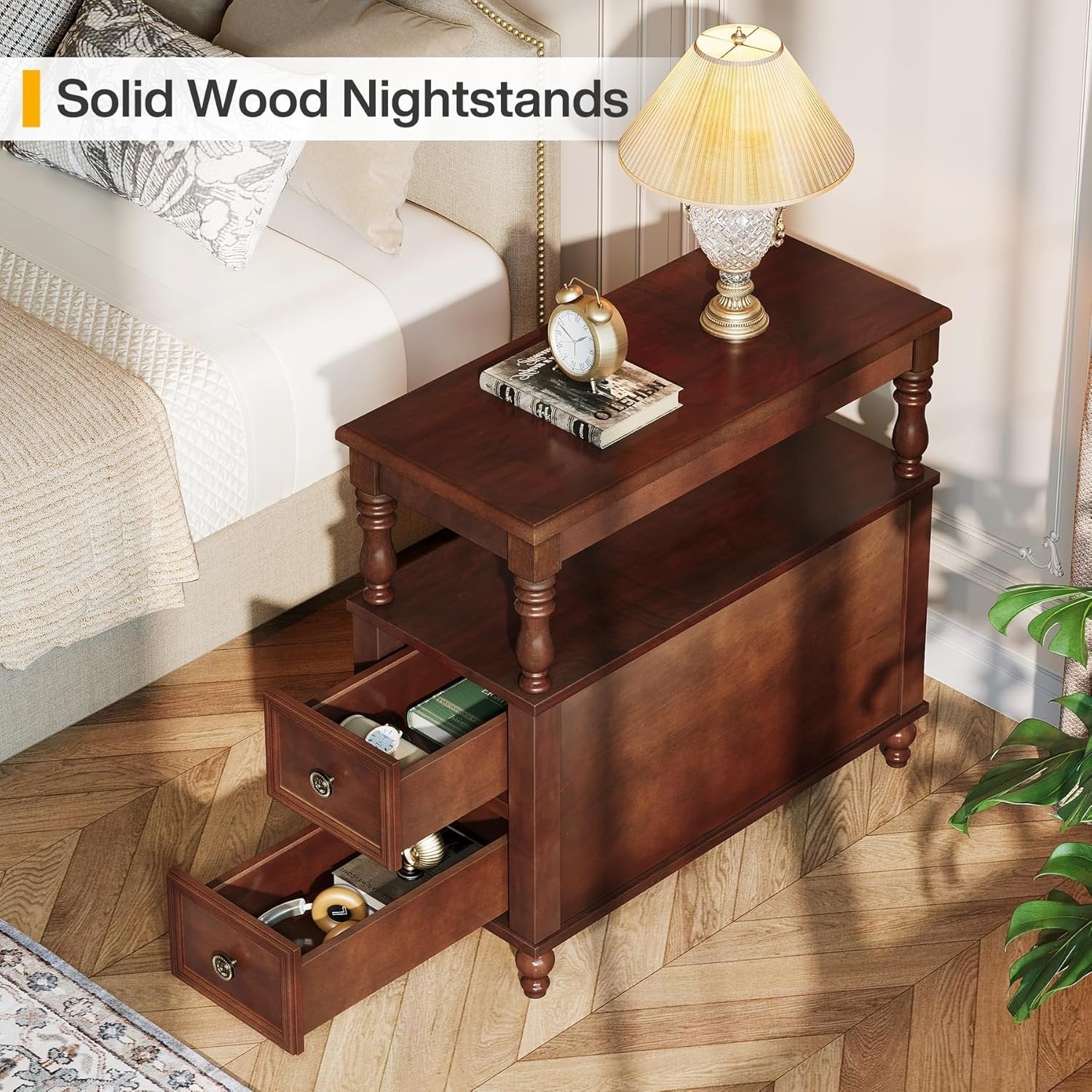 Solid Wood Nightstand with 2 Drawers, Bedside Table with Open Shelf
