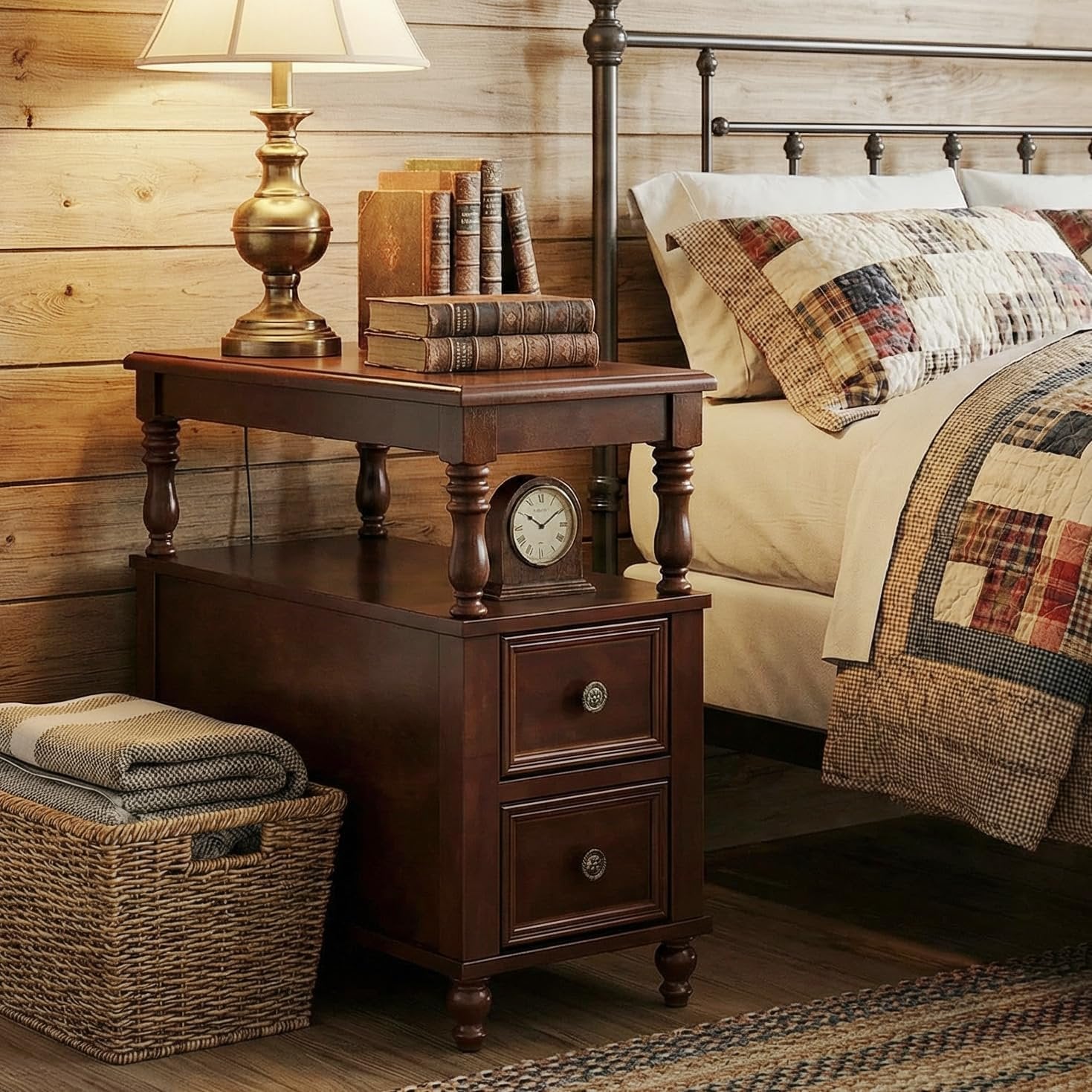 Solid Wood Nightstand with 2 Drawers, Bedside Table with Open Shelf