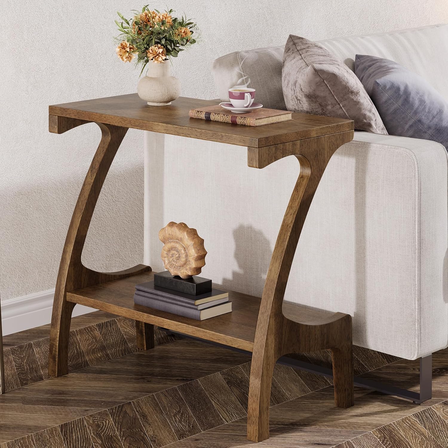 Solid Wood End Table, Narrow Side Table with 2-Tier Storage Shelf