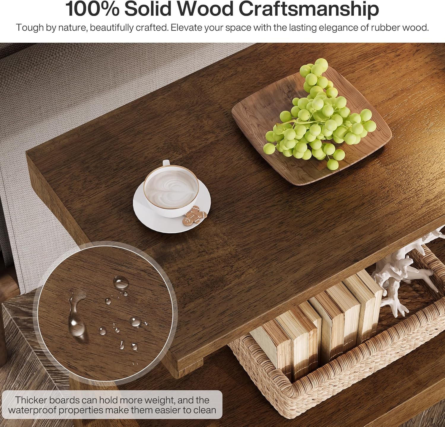 Solid Wood End Table, Narrow Side Table with 2-Tier Storage Shelf