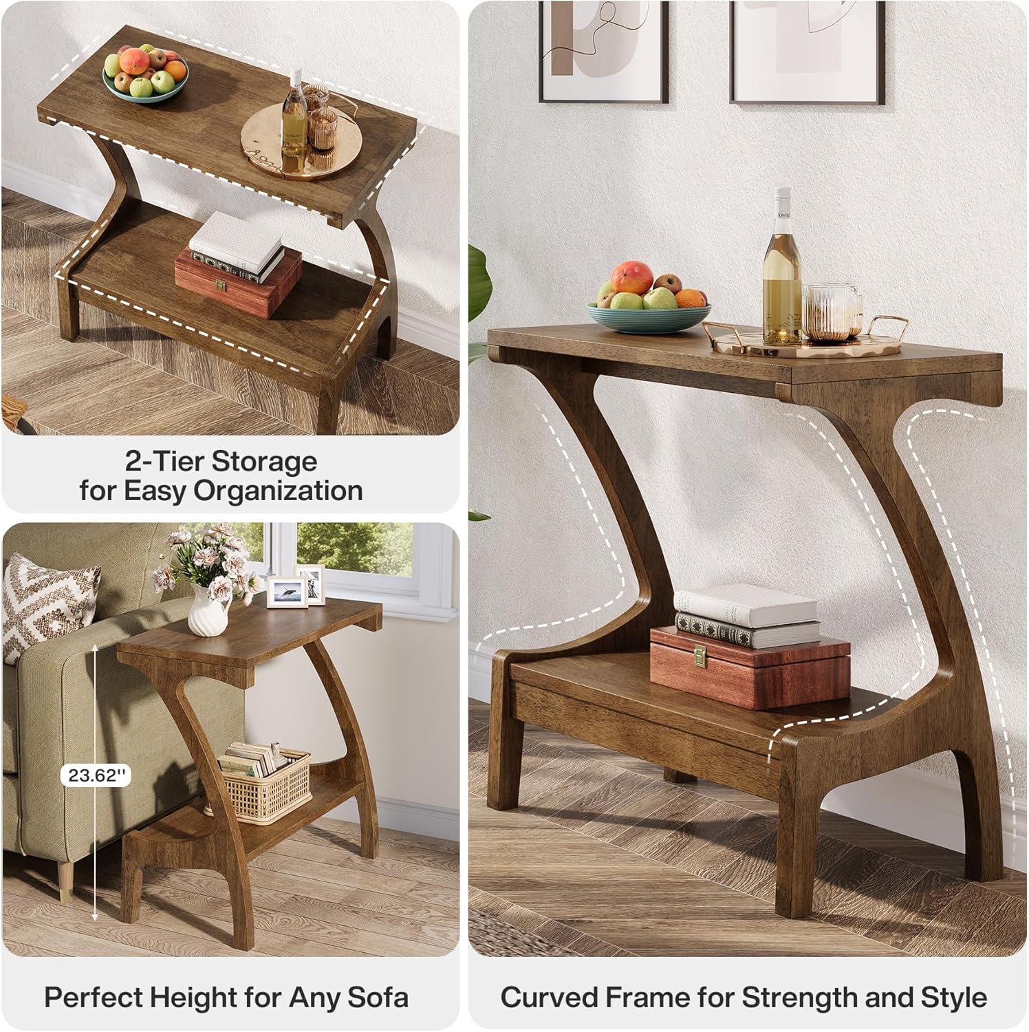 Solid Wood End Table, Narrow Side Table with 2-Tier Storage Shelf