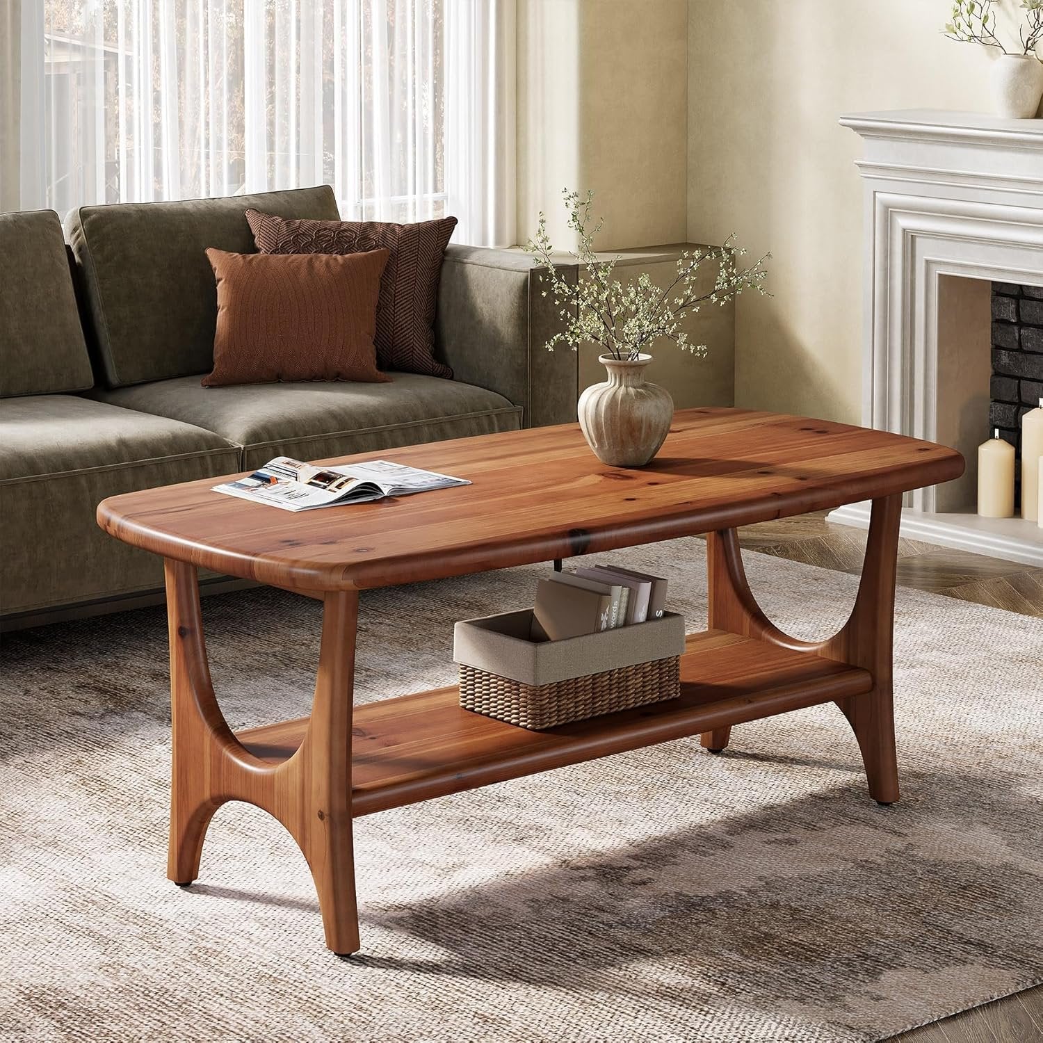 Solid Wood Coffee Table, 47.24” Rectangle Center Table with 2-Tier Storage