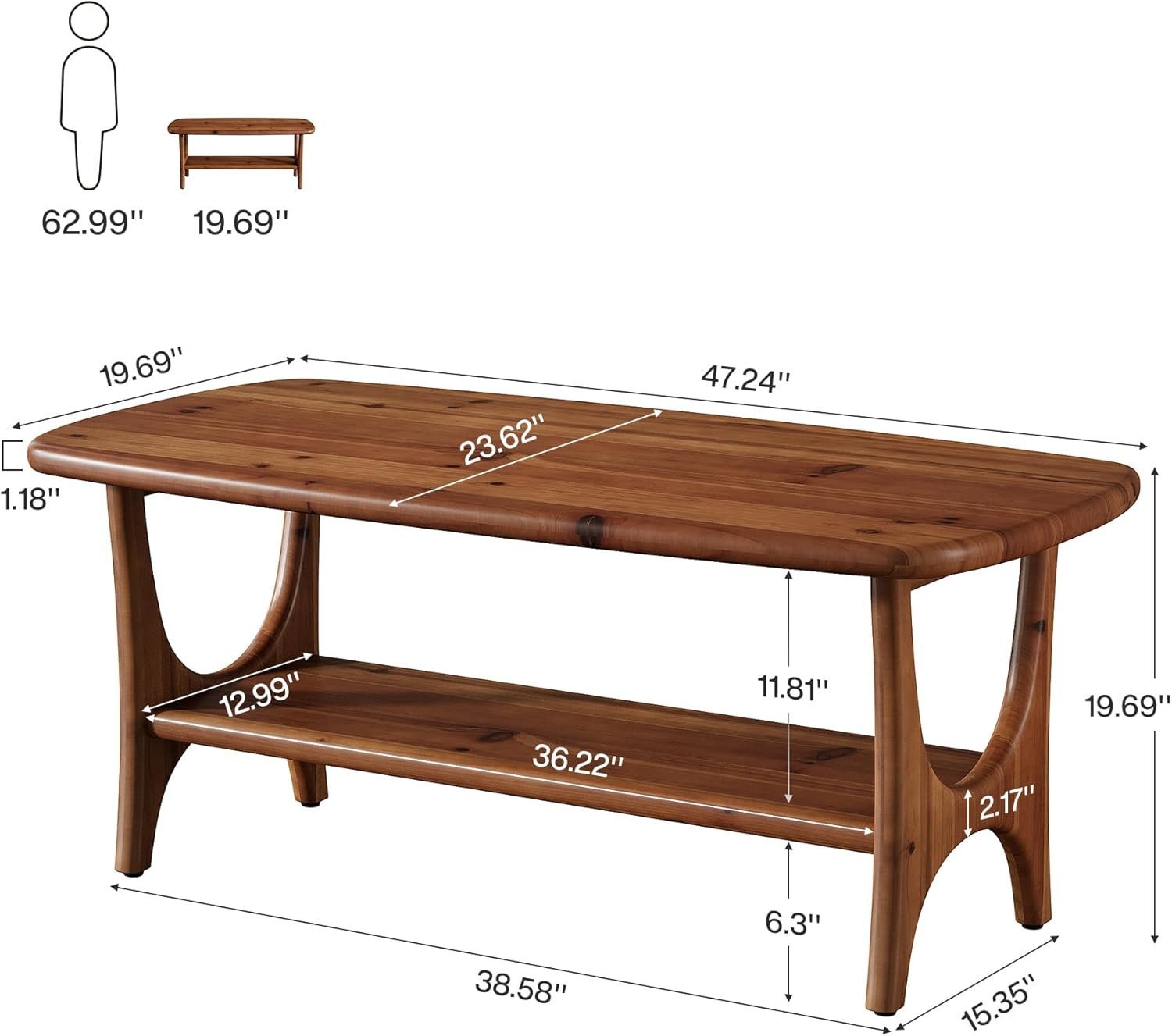 Solid Wood Coffee Table, 47.24” Rectangle Center Table with 2-Tier Storage