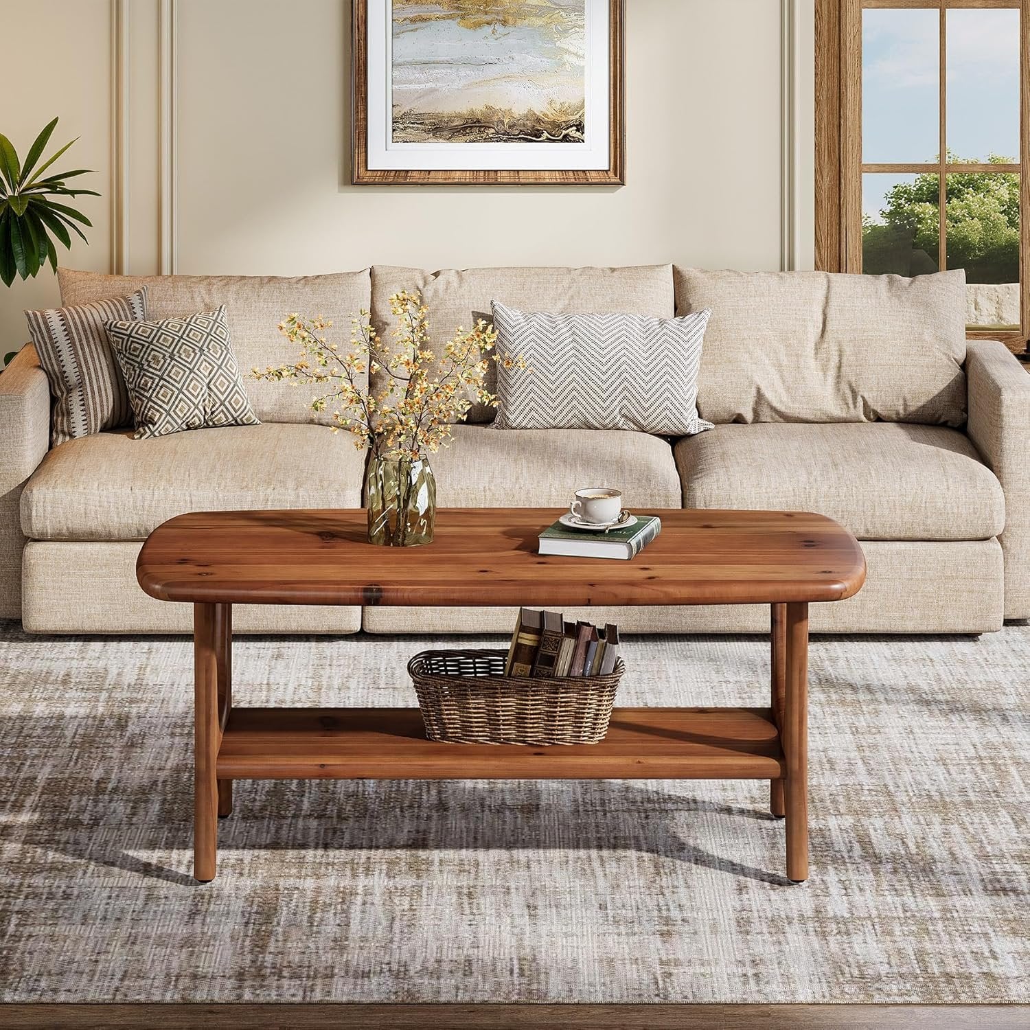 Solid Wood Coffee Table, 47.24” Rectangle Center Table with 2-Tier Storage