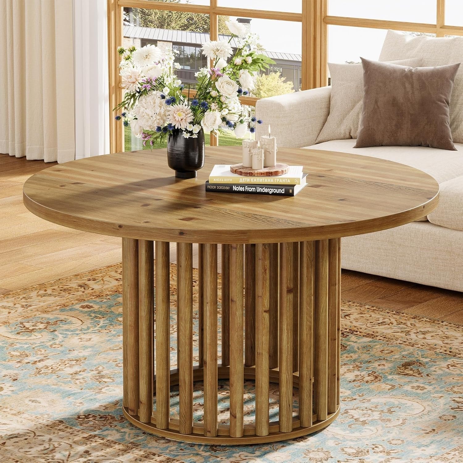 Solid Wood Round Coffee Table, 31.5" Center Tea Table with Cylindrical Hollow Base