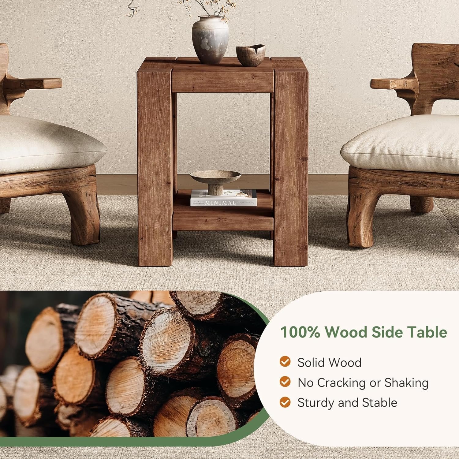 19.6" Farmhouse Side Table, Solid Wood 2-Tier End Table with Storage Shelves