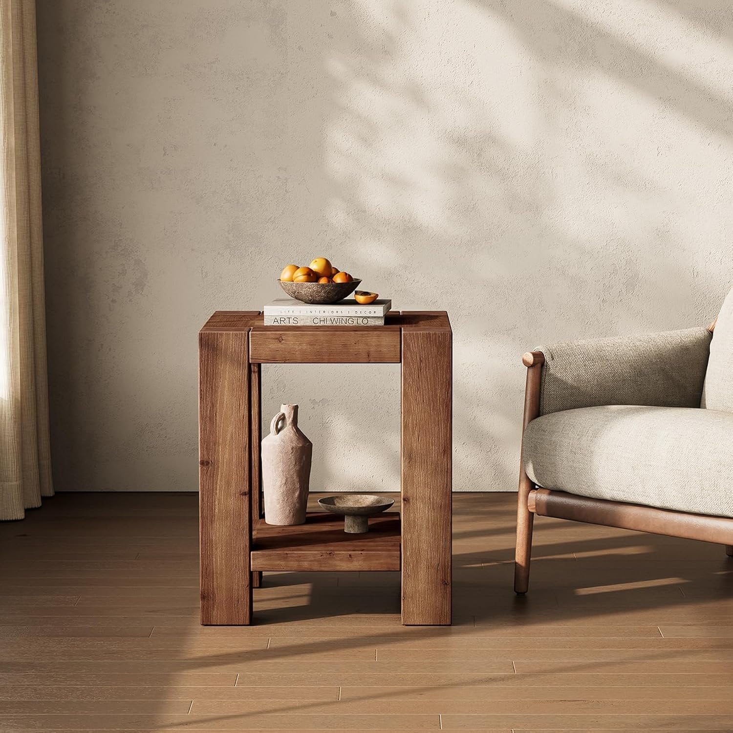 19.6" Farmhouse Side Table, Solid Wood 2-Tier End Table with Storage Shelves