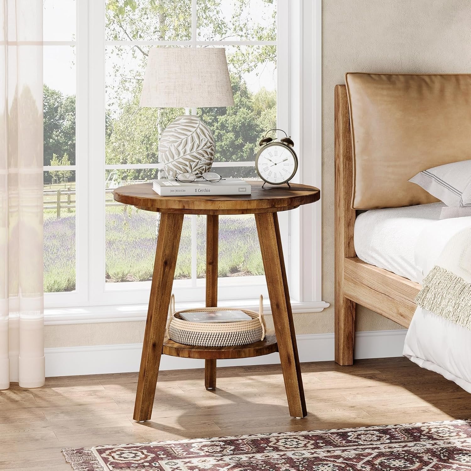 Solid Wood Round End Table, Farmhouse Sofa Side Table with Storage Shelf